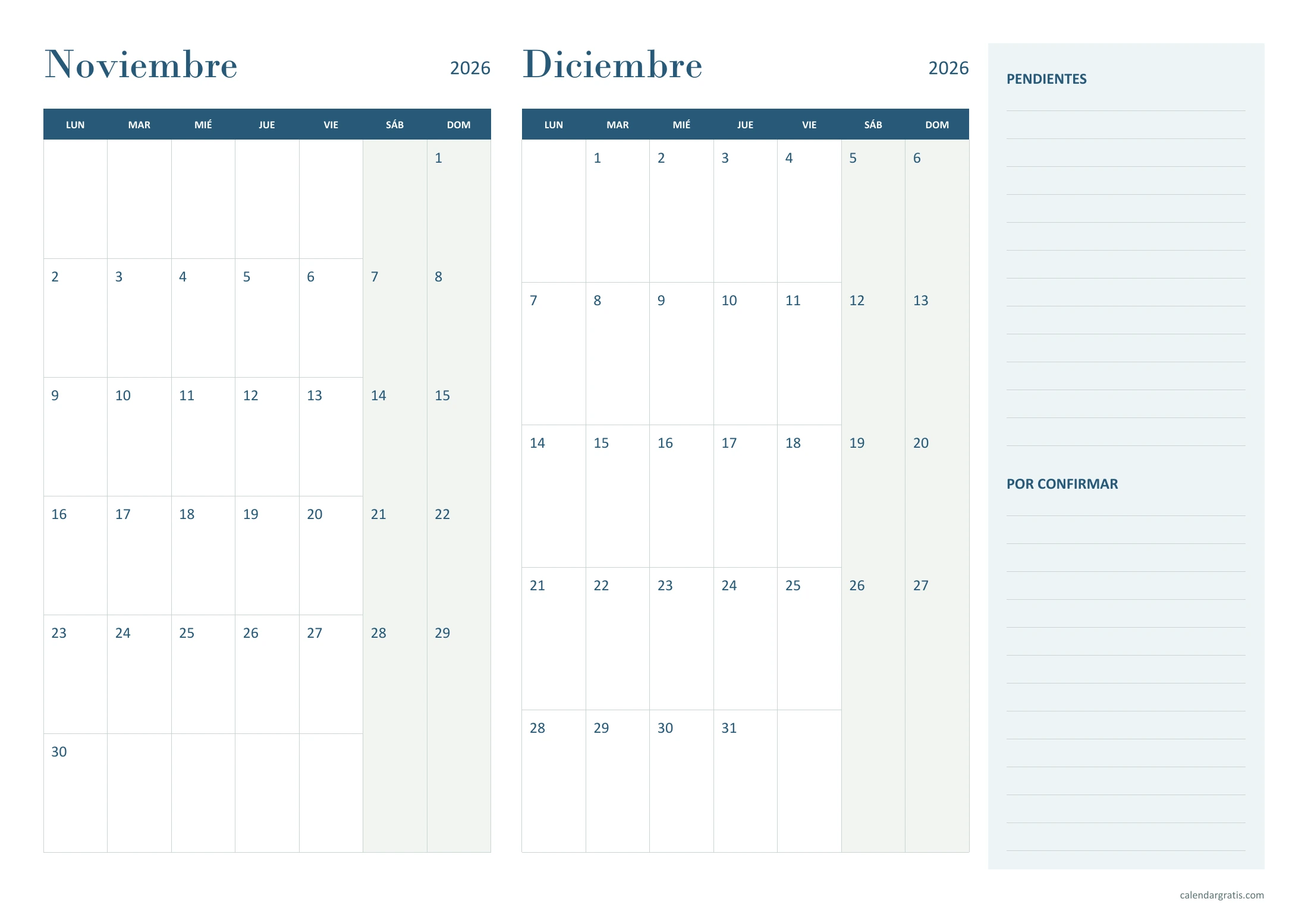 Calendario de noviembre y diciembre de 2026: notas a la derecha, en formato horizontal.