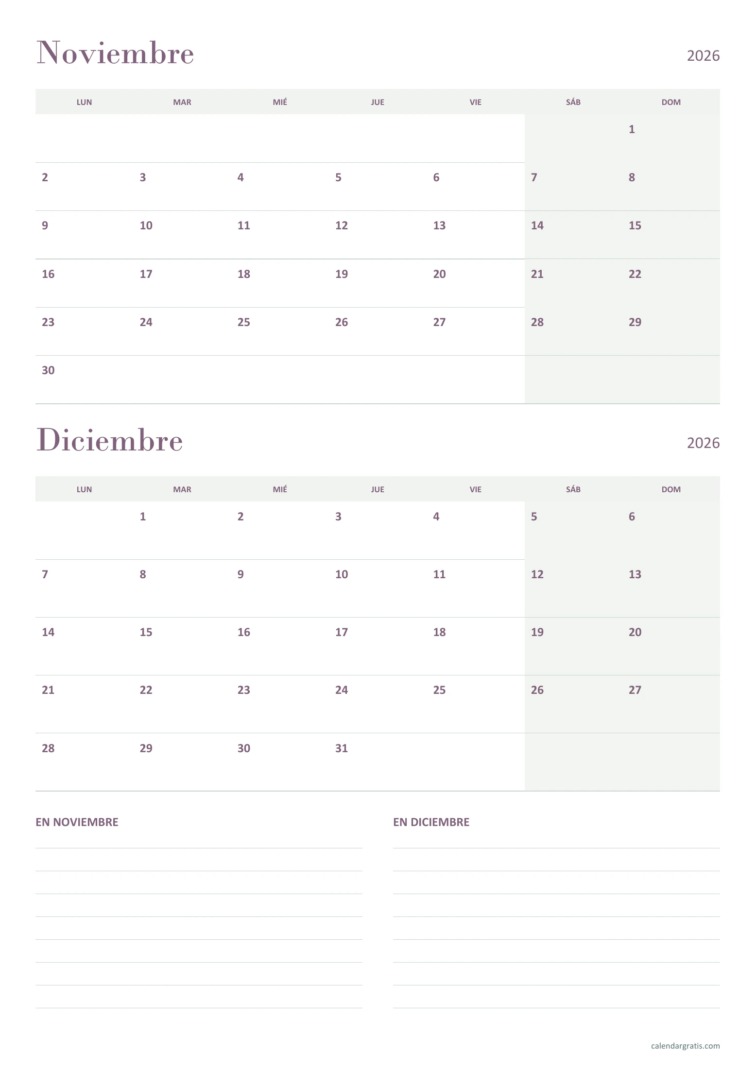 Calendario de noviembre y diciembre de 2026: prioridades del bimestre, en formato vertical.