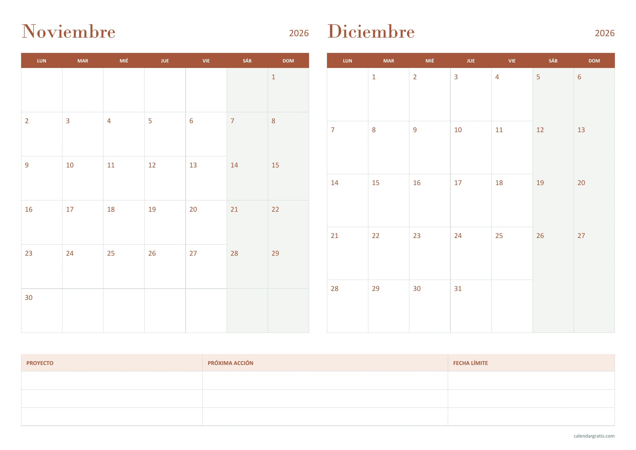 Calendario de noviembre y diciembre de 2026: ruta de proyectos, en formato horizontal.