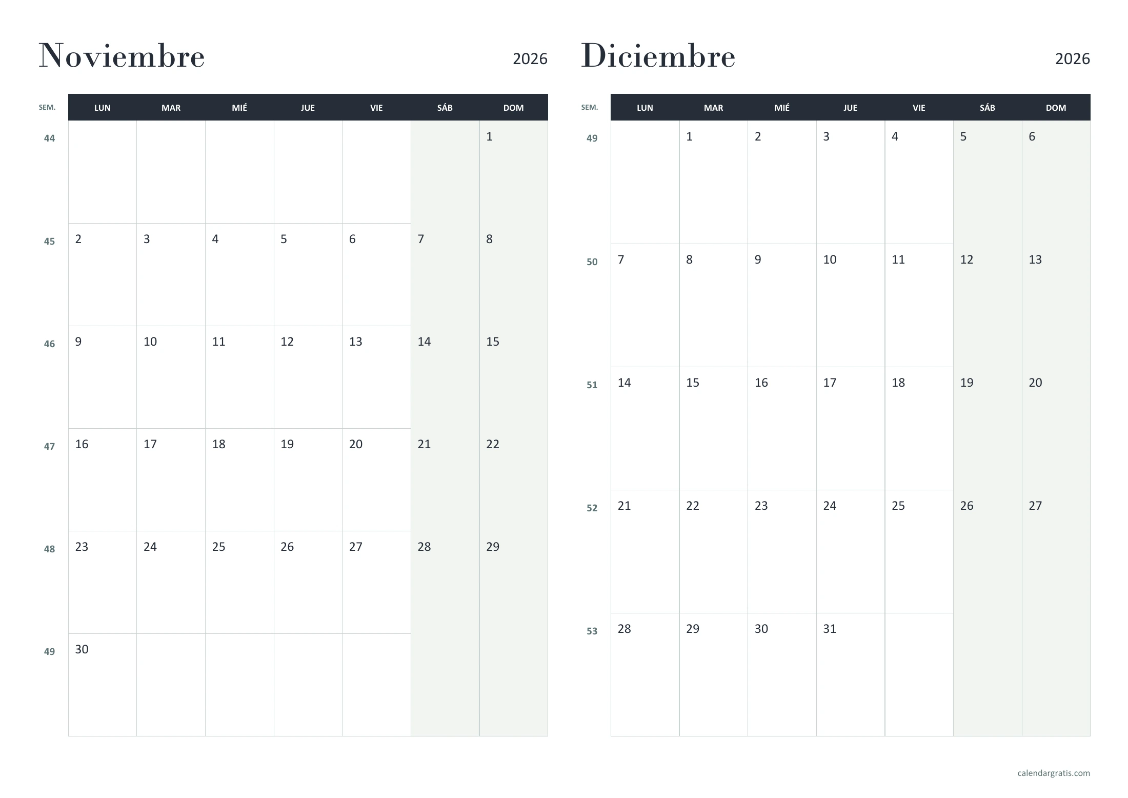 Calendario de noviembre y diciembre de 2026: semanas ISO, en formato horizontal.