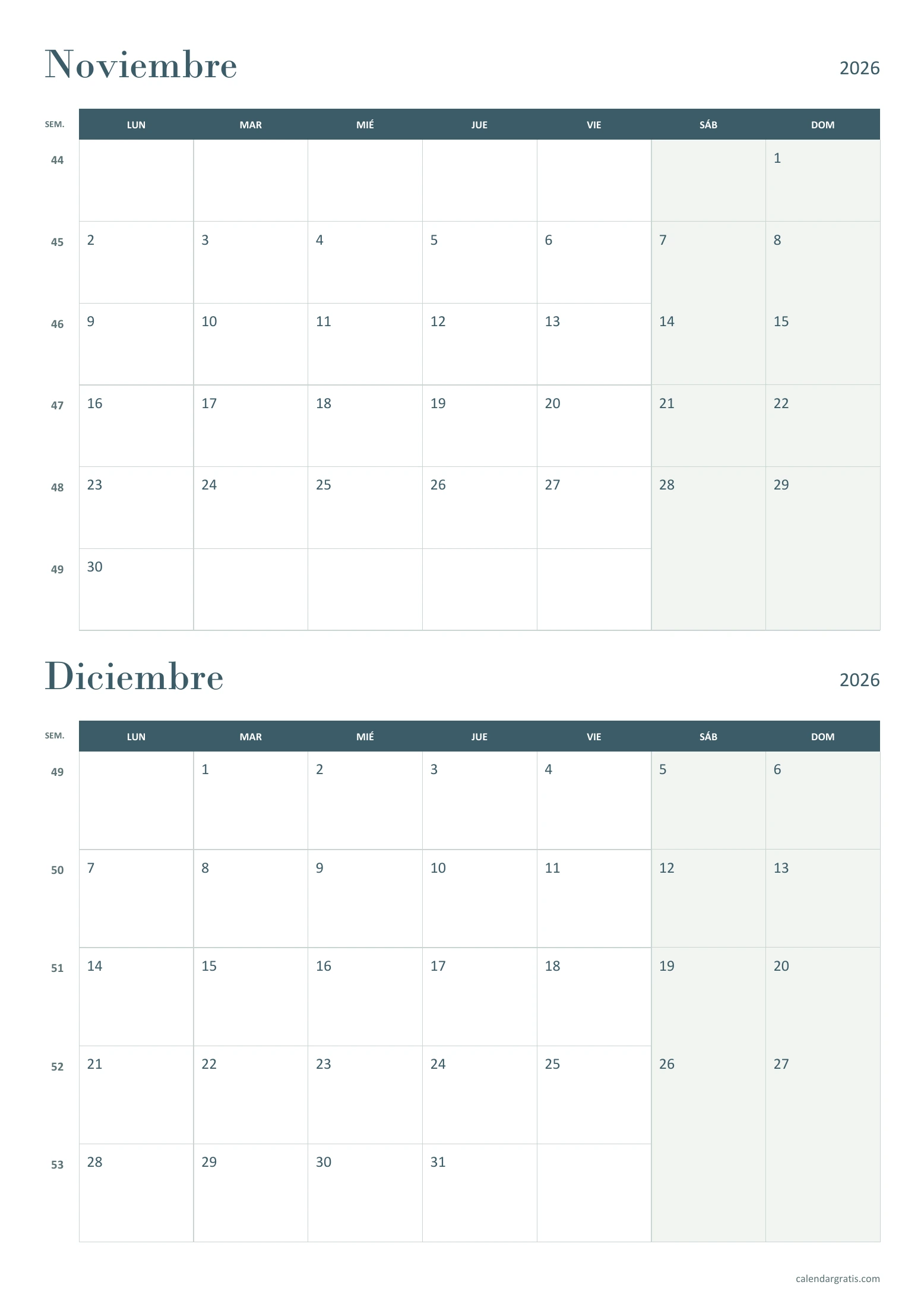 Calendario de noviembre y diciembre de 2026: doble mes vertical, en formato vertical.