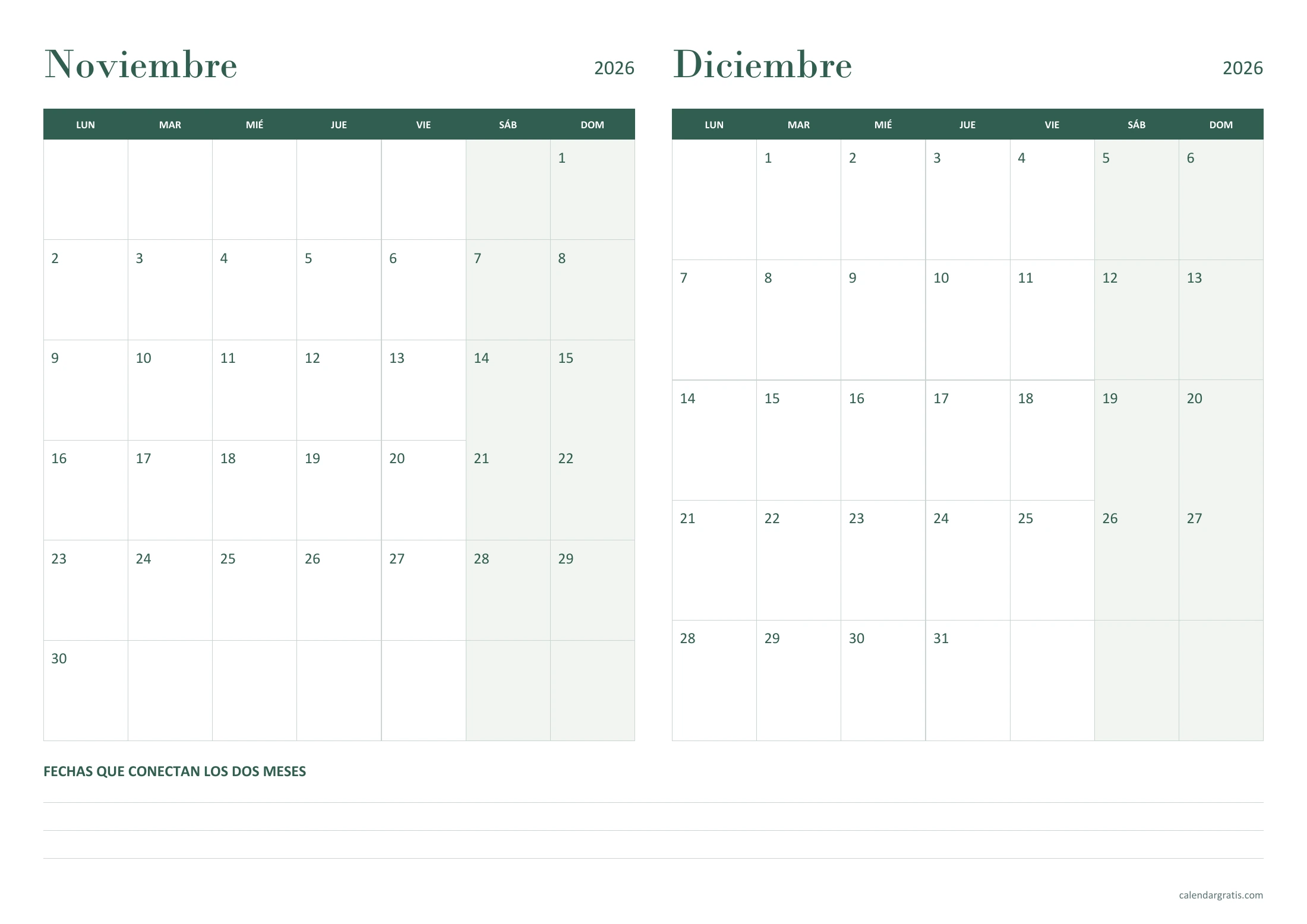 Calendario de noviembre y diciembre 2026 en una hoja A4 horizontal, con notas al pie.