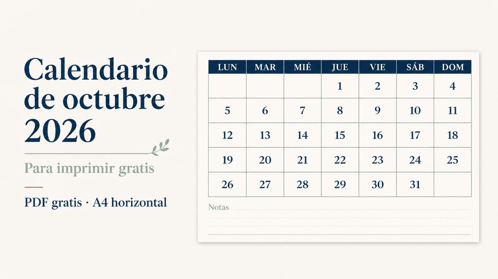 Calendario de octubre de 2026 para imprimir gratis en PDF, formato A4 horizontal.