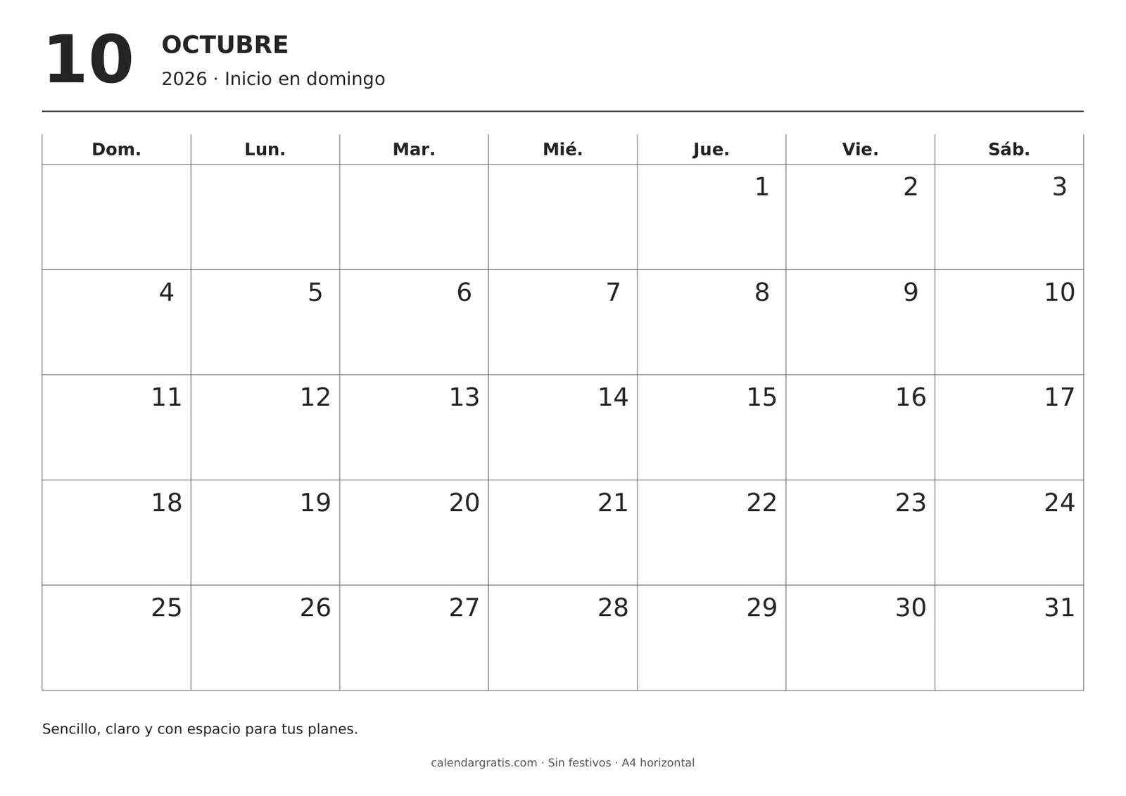 Calendario minimalista de octubre de 2026 en blanco y negro, con fechas alineadas a la derecha y casillas para escribir; inicio en domingo.