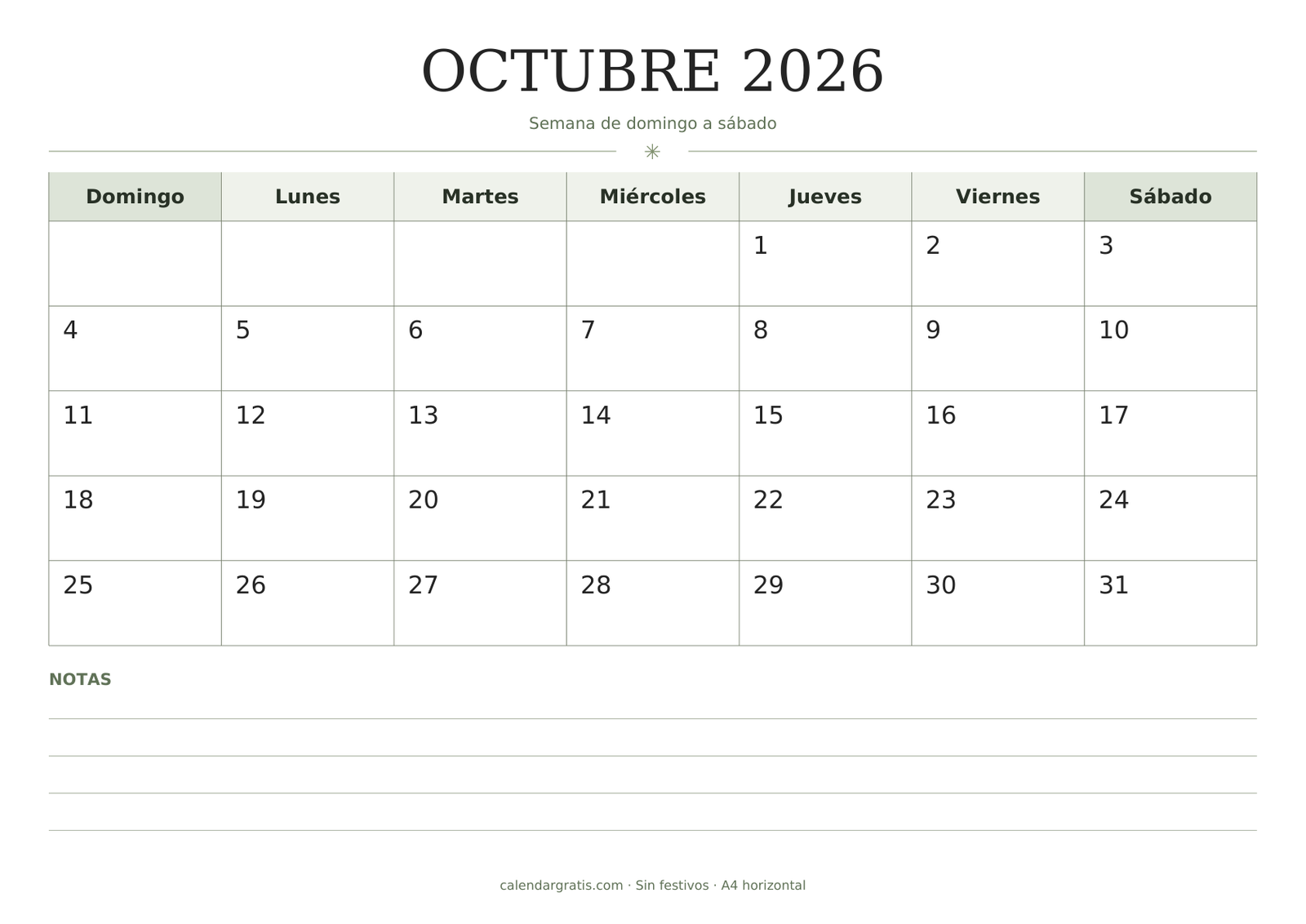 Calendario de octubre de 2026 en tonos salvia, con espacio para notas y semana de domingo a sábado.