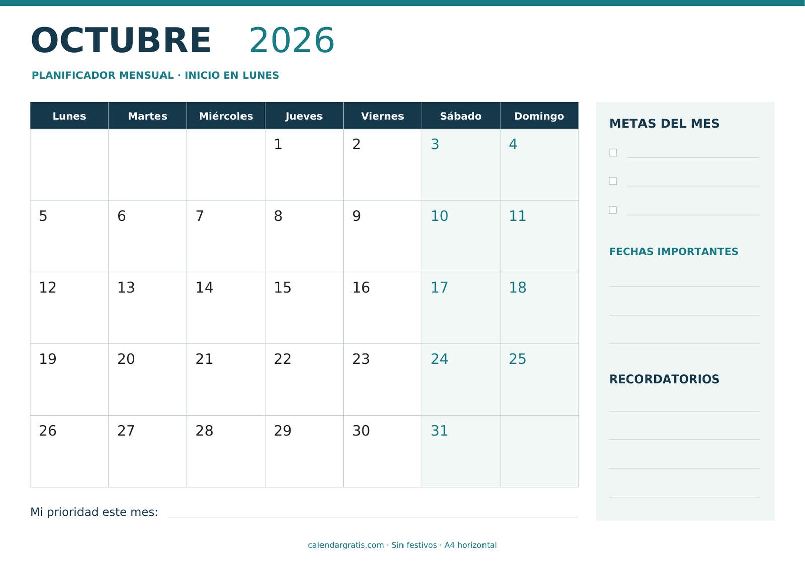 Planificador de octubre de 2026 con calendario a la izquierda y metas, fechas importantes y recordatorios a la derecha; inicio en lunes.
