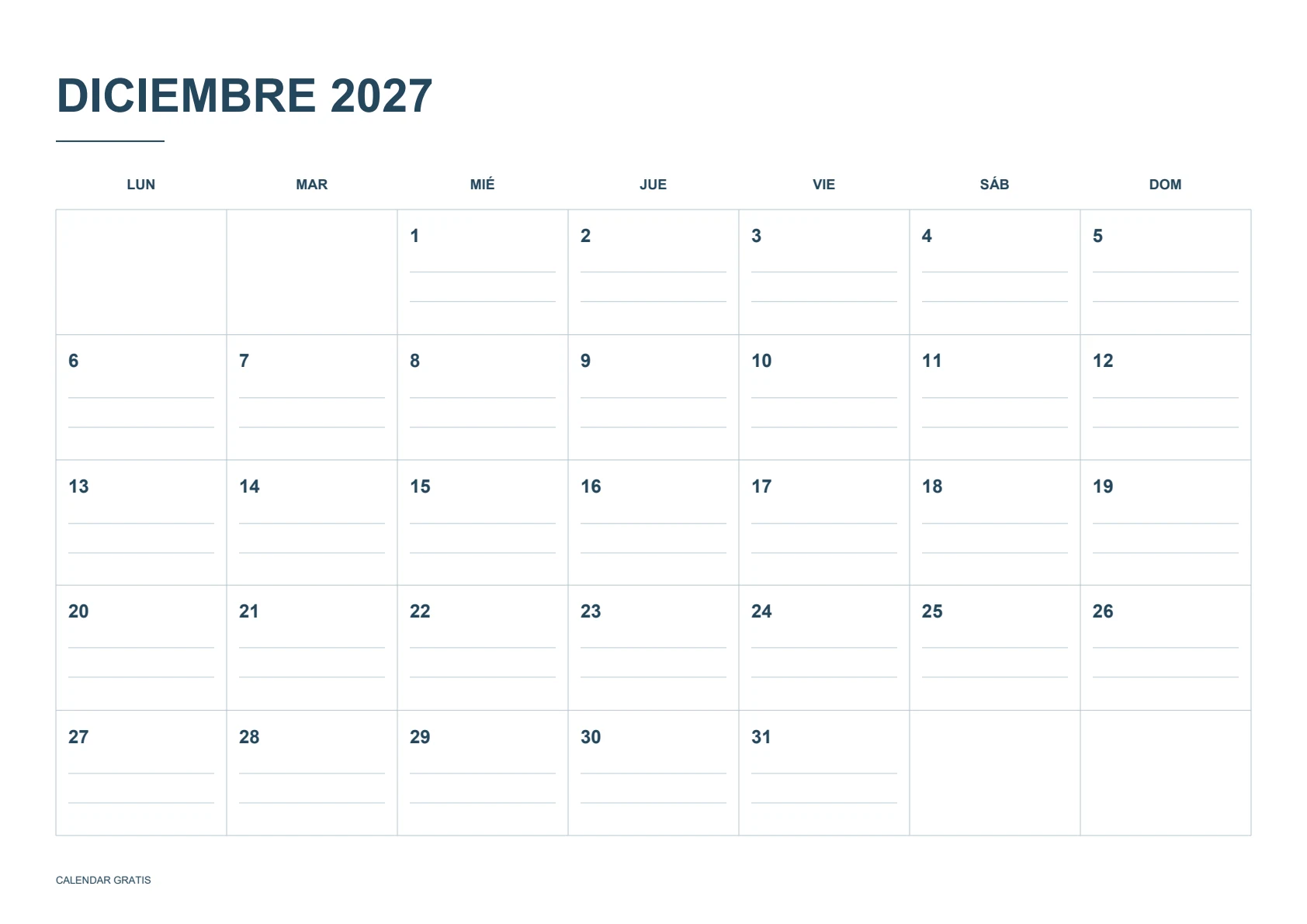 Calendario de diciembre de 2027, casillas con líneas, azul marino, A4 horizontal, inicio en lunes.