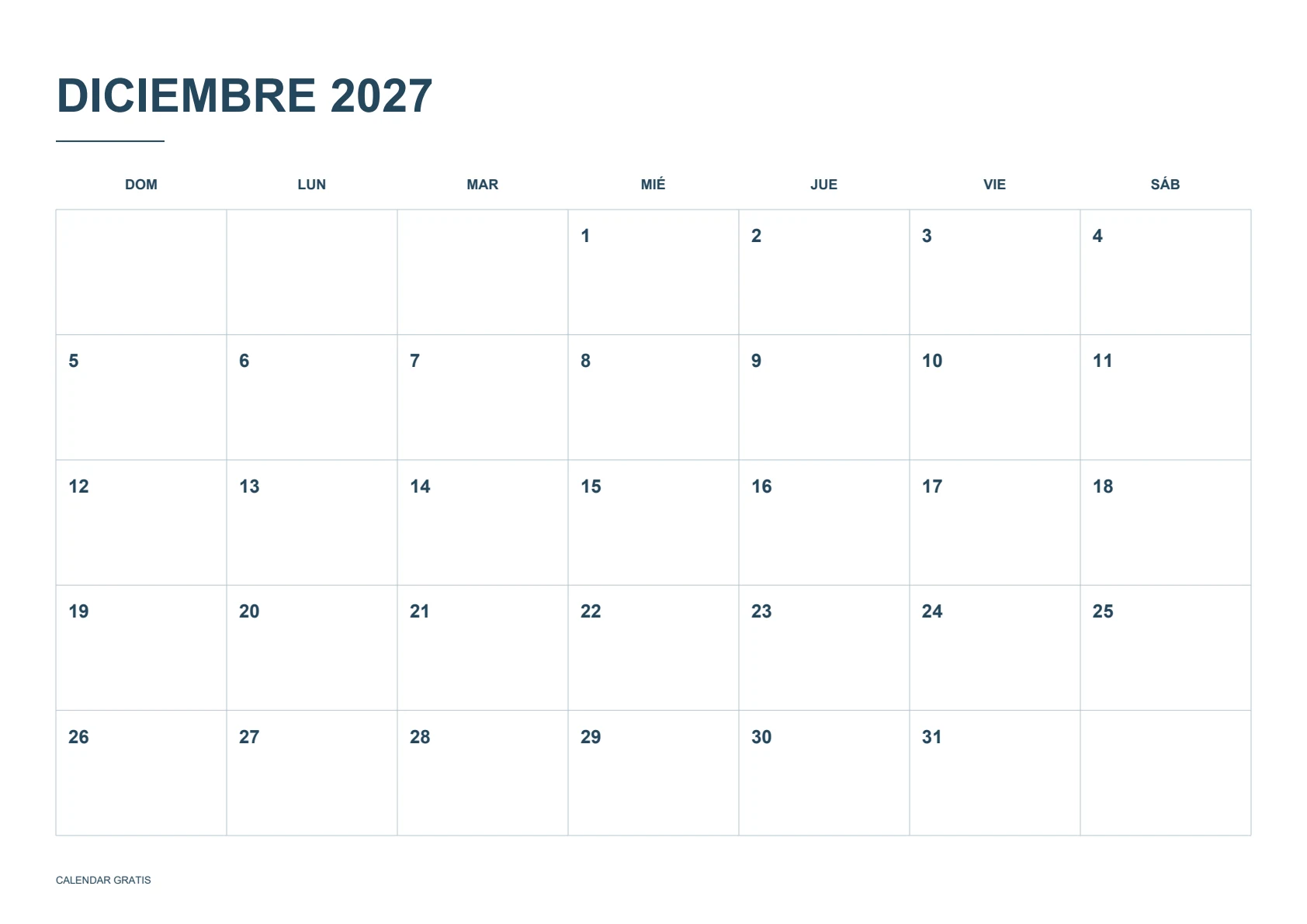 Calendario de diciembre de 2027, cuadrícula clásica, azul marino, A4 horizontal, inicio en domingo.