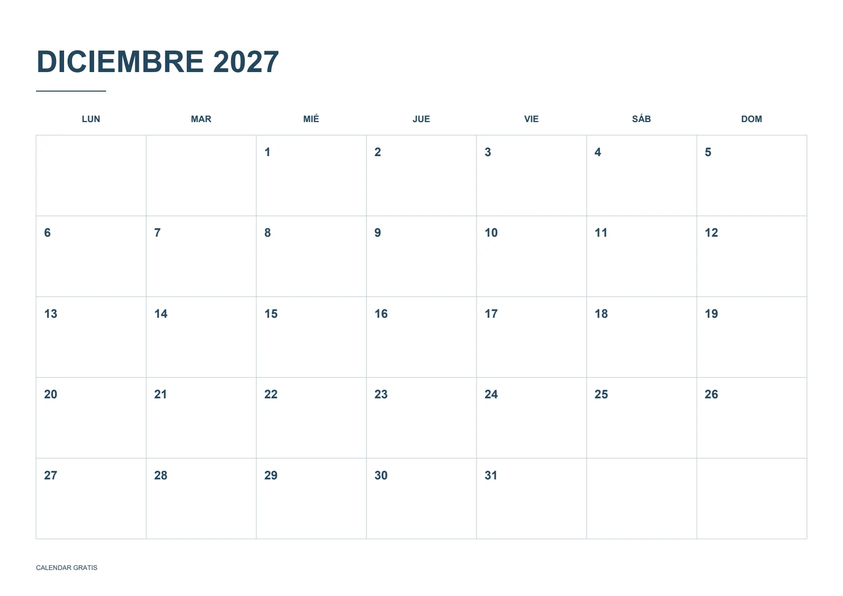 Calendario de diciembre de 2027, cuadrícula clásica, azul marino, A4 horizontal, inicio en lunes.