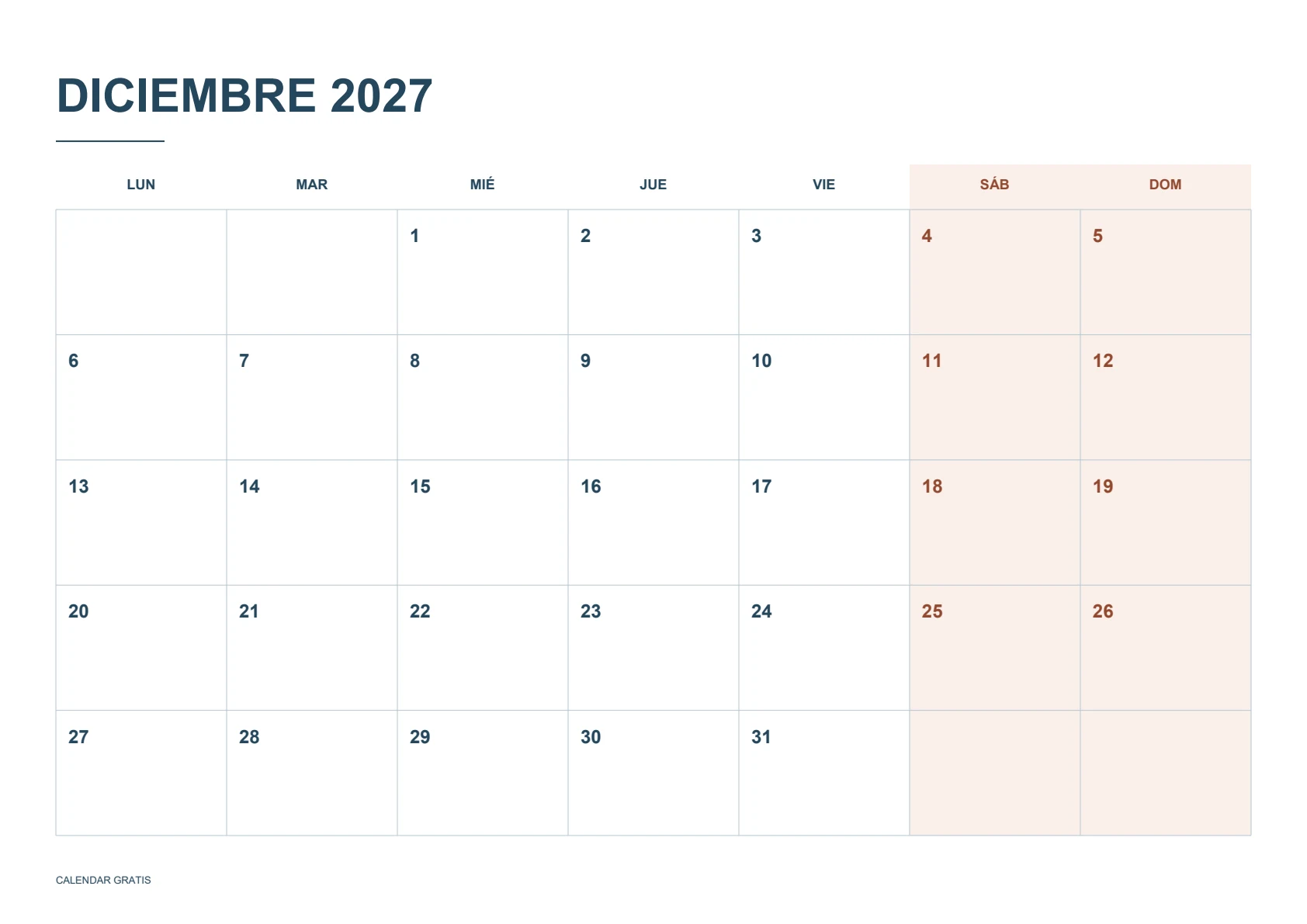 Calendario de diciembre de 2027, fines de semana destacados, azul marino con fines de semana en terracota, A4 horizontal, inicio en lunes.