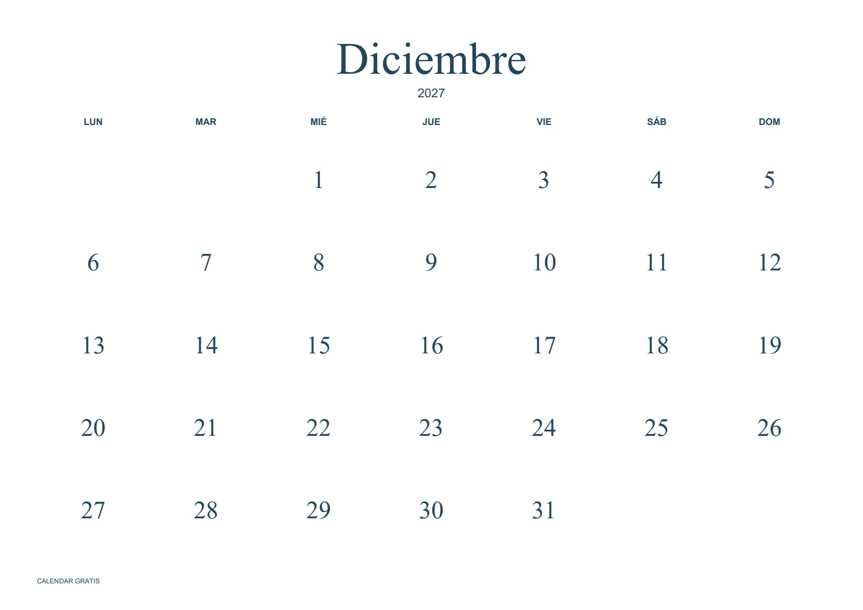 Calendario de diciembre de 2027, minimalista sin bordes, azul marino, A4 horizontal, inicio en lunes.