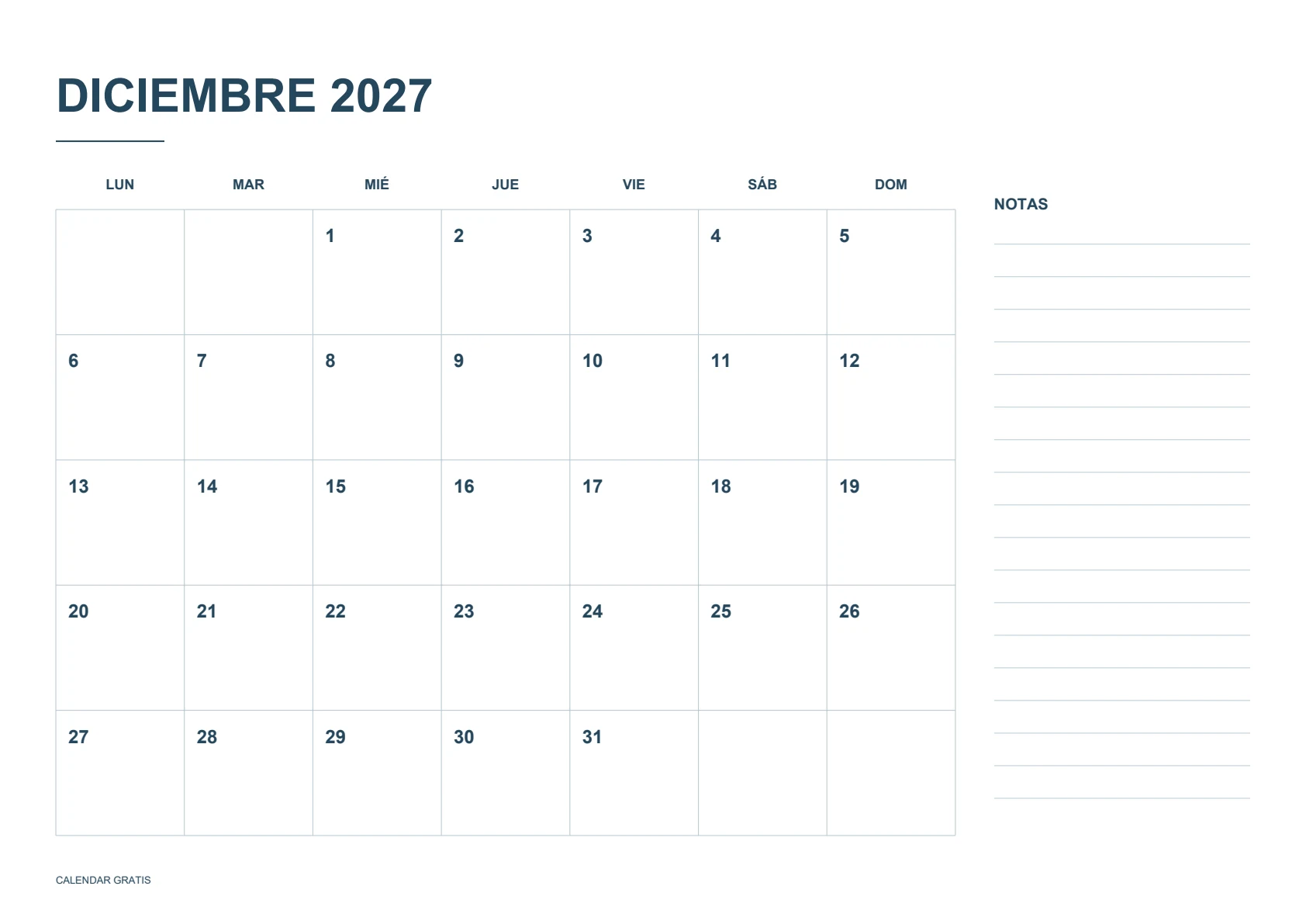 Calendario de diciembre de 2027, calendario con notas, azul marino, A4 horizontal, inicio en lunes.