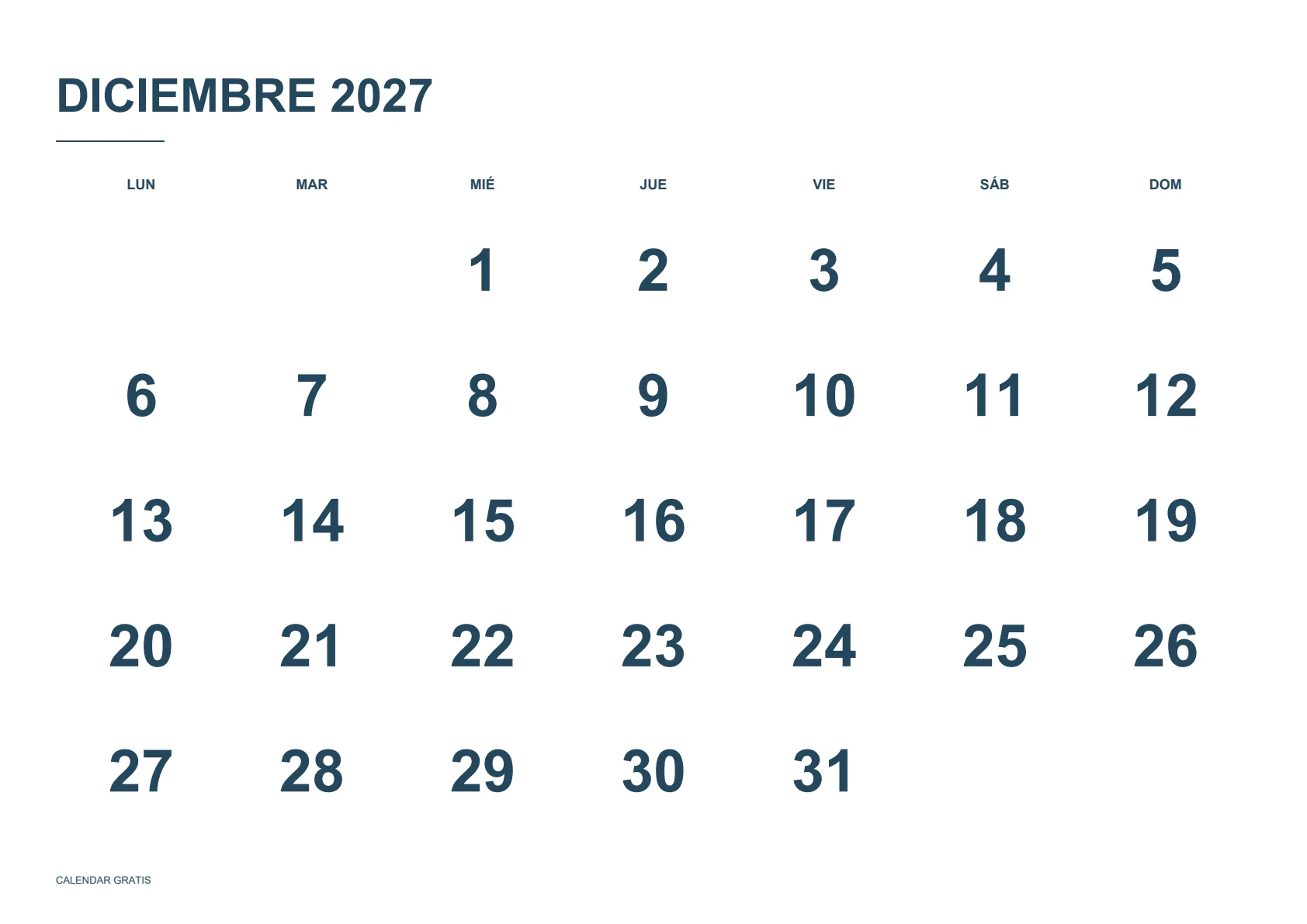 Calendario de diciembre de 2027, números grandes, azul marino, A4 horizontal, inicio en lunes.
