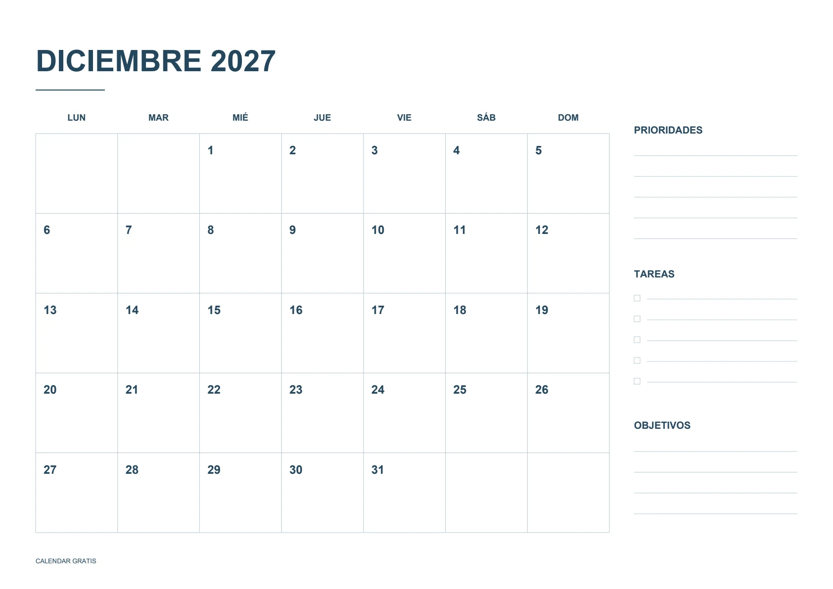 Calendario de diciembre de 2027, planificador mensual, azul marino, A4 horizontal, inicio en lunes.