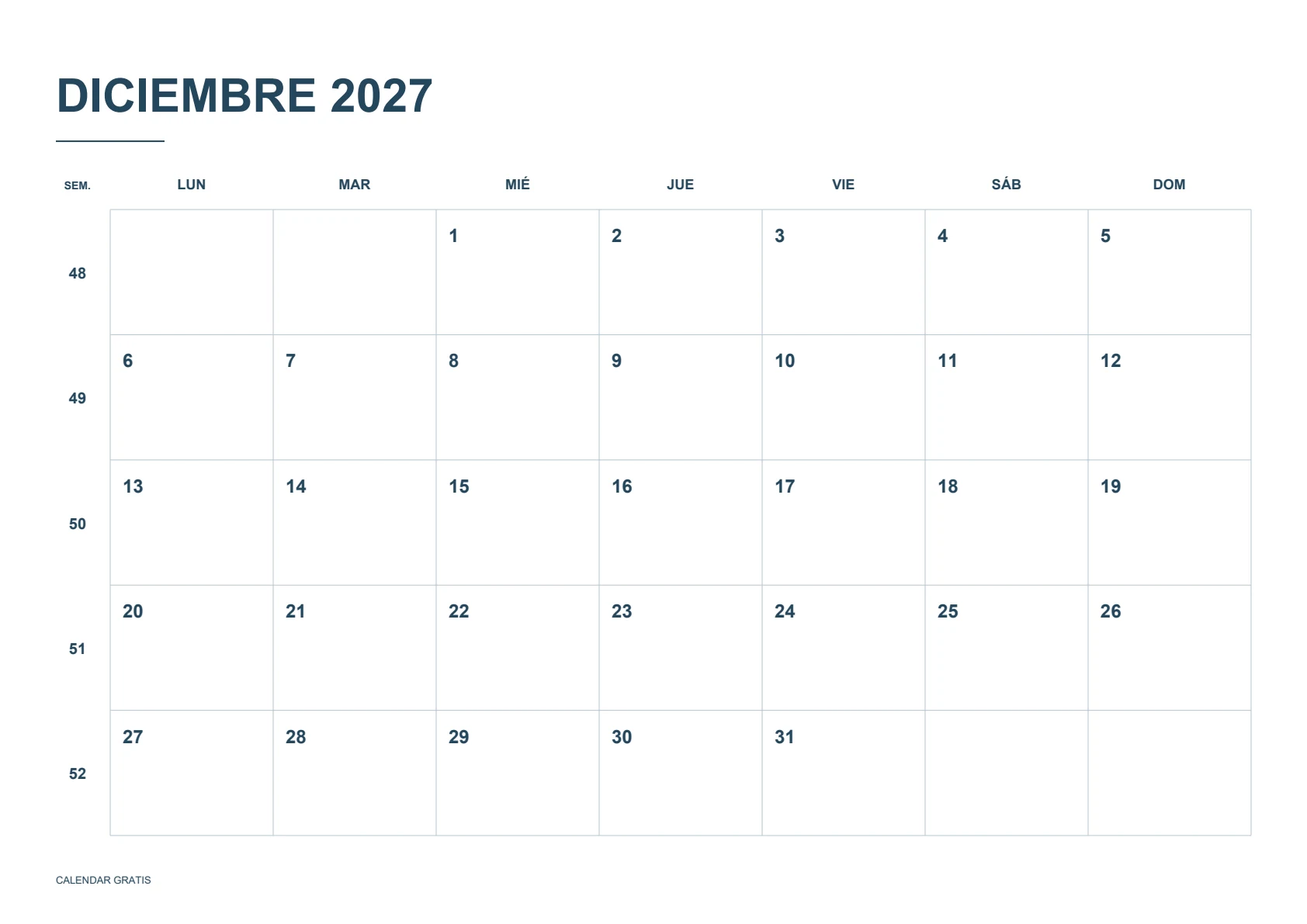 Calendario de diciembre de 2027, calendario con semanas numeradas, azul marino, A4 horizontal, inicio en lunes.