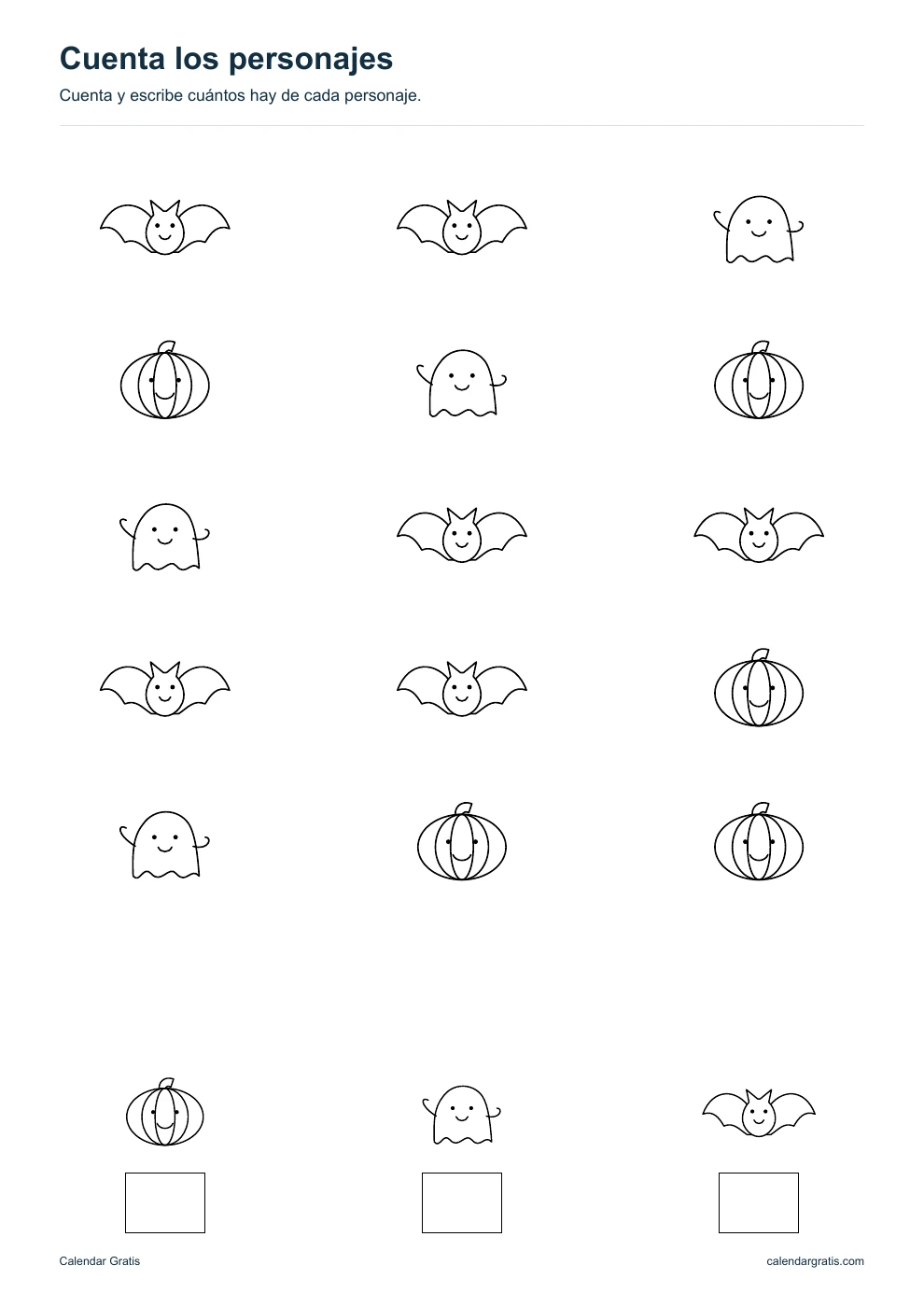 Cuenta los personajes: ficha imprimible de Halloween para niños.