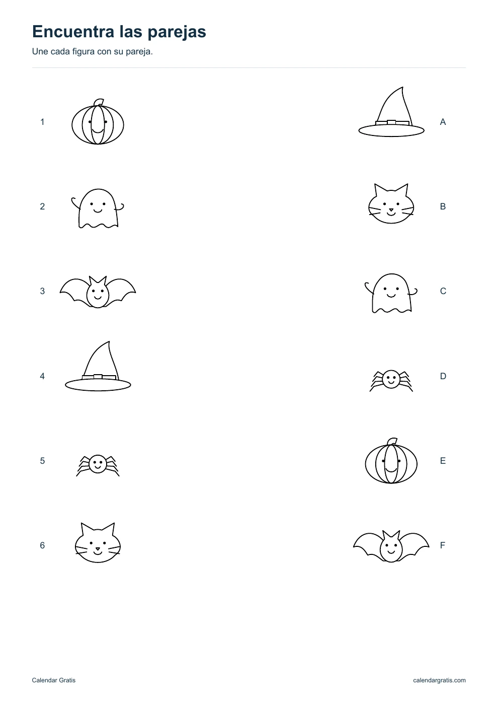 Encuentra las parejas: ficha imprimible de Halloween para niños.