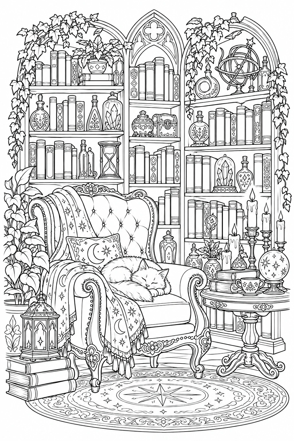 Libros, velas, frascos y un gato llenan una biblioteca de cuento. Dibujo en blanco y negro para colorear.