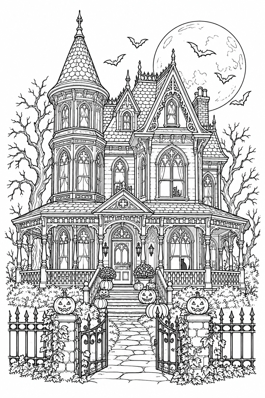 Una casa de aire victoriano, con ventanas, tejados y una verja, ocupa la escena. Dibujo en blanco y negro para colorear.