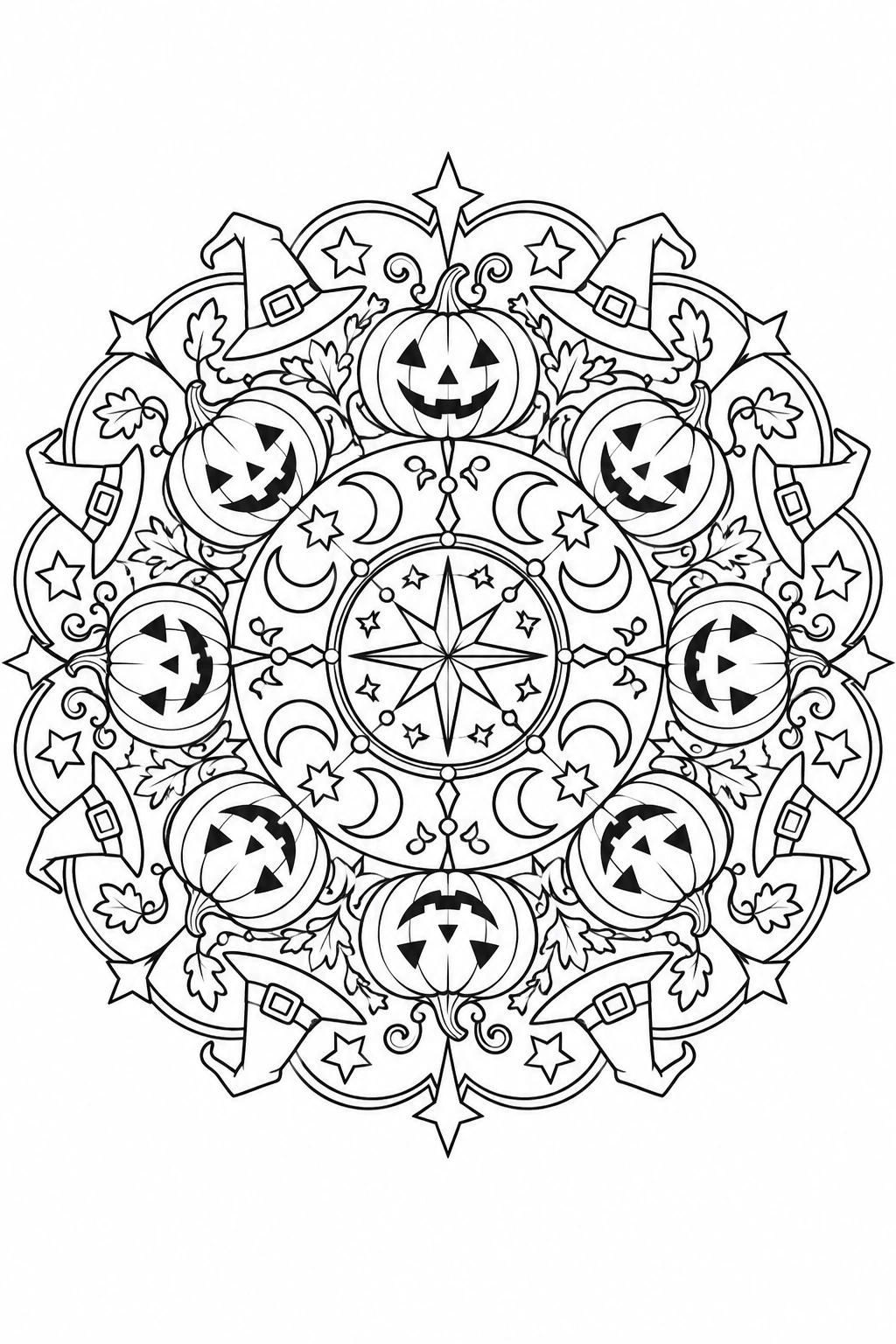Calabazas, lunas, estrellas y pequeños sombreros forman anillos alrededor del centro. Dibujo en blanco y negro para colorear.