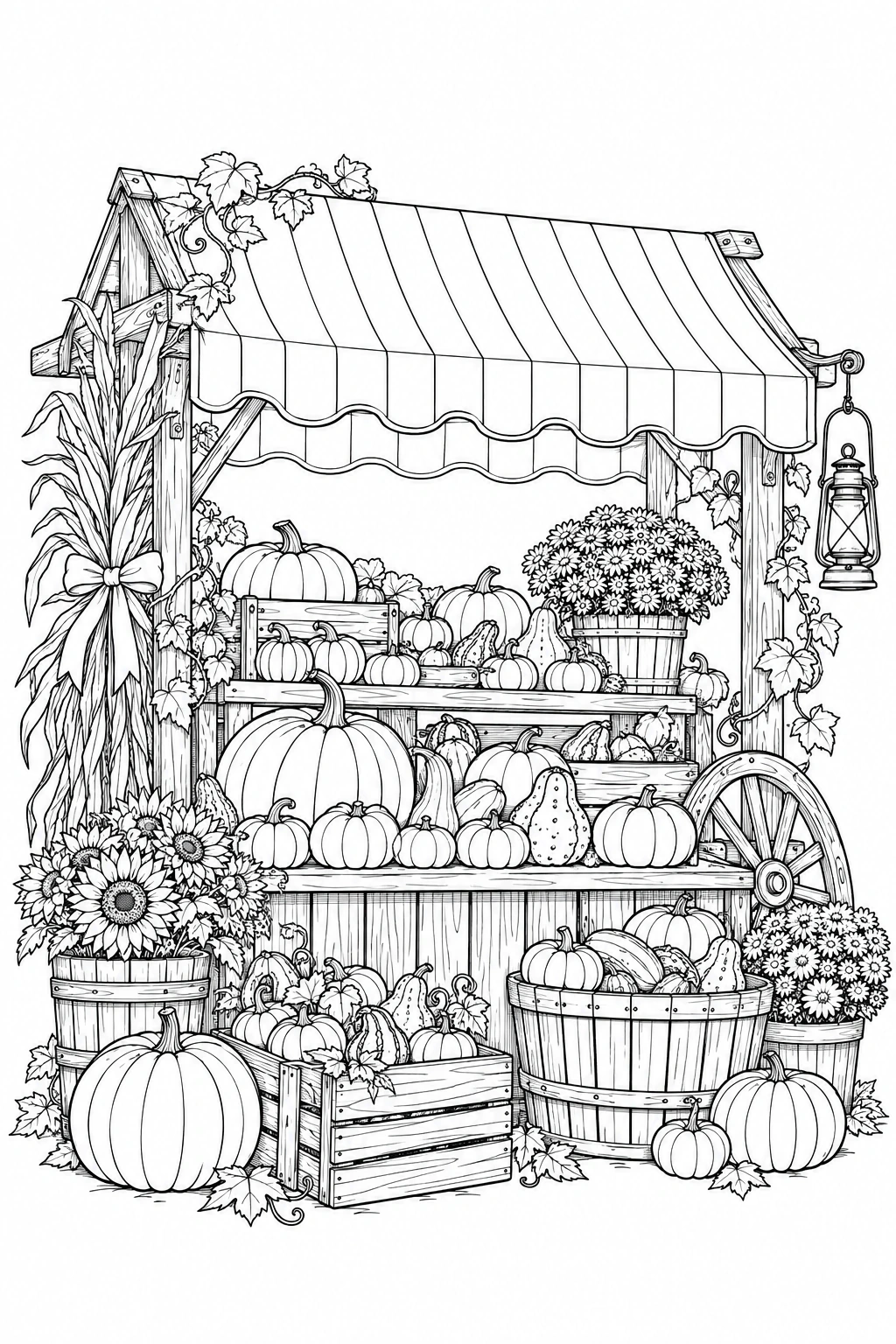 Un pequeño puesto reúne calabazas de varios tamaños, cestas y un toldo. Dibujo en blanco y negro para colorear.