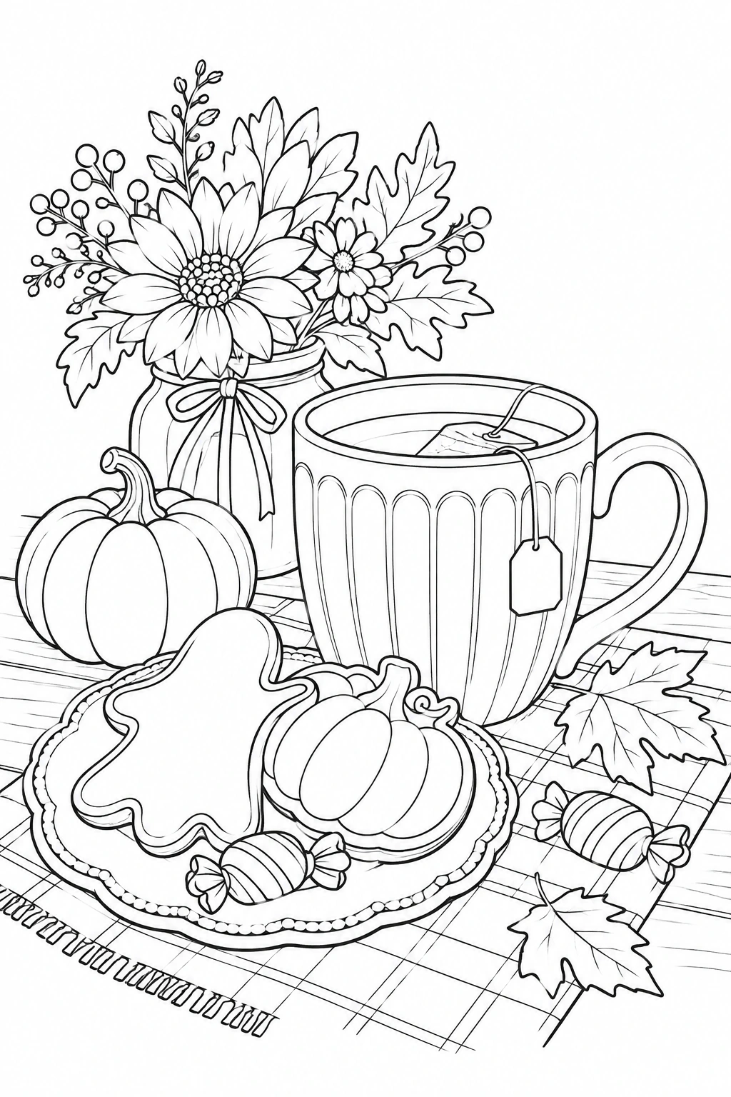 Una taza, galletas con formas de Halloween y una pequeña calabaza ocupan la mesa. Dibujo en blanco y negro para colorear.