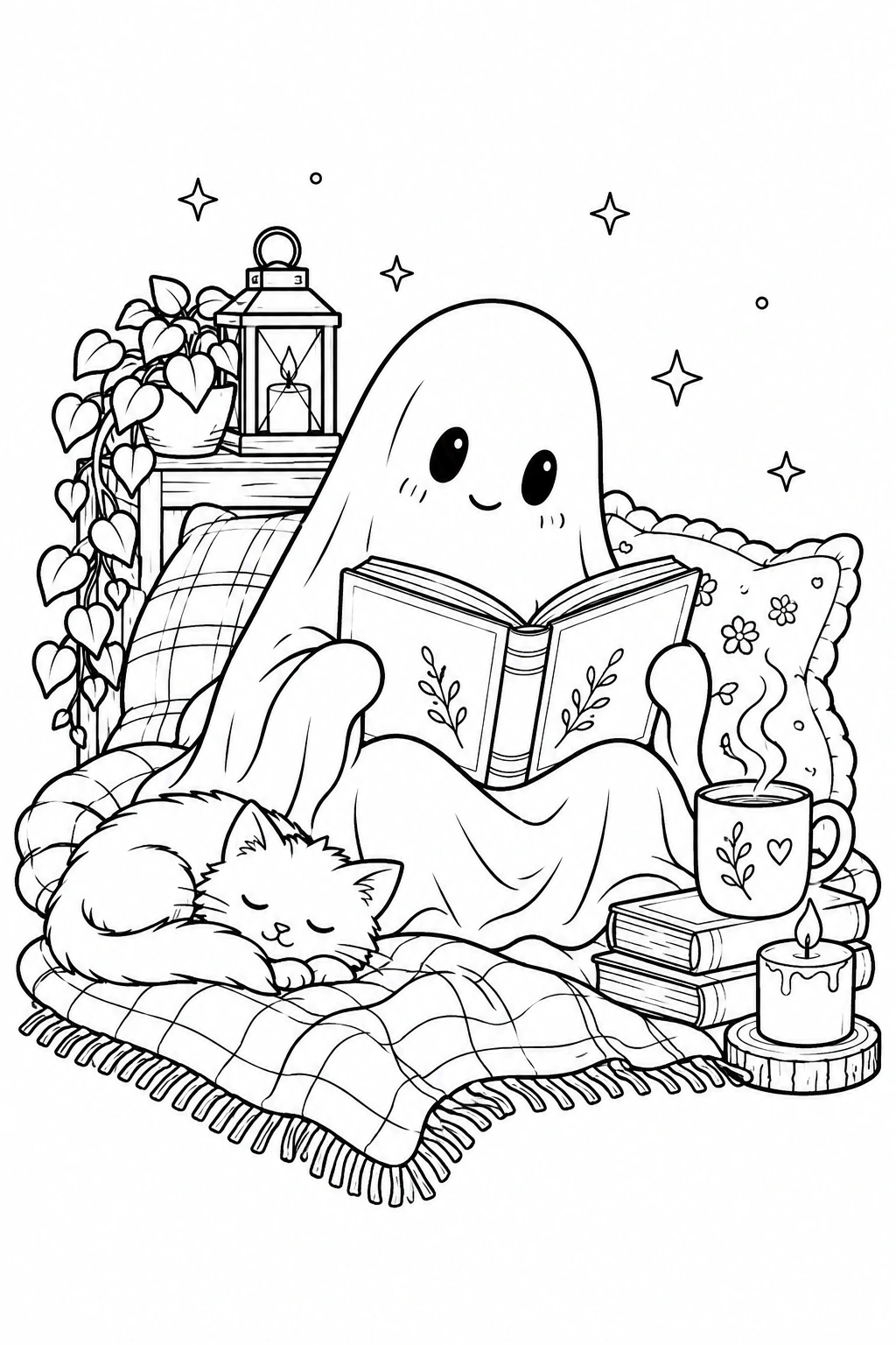 Un fantasma se acomoda junto a un libro abierto y una taza. Dibujo en blanco y negro para colorear.