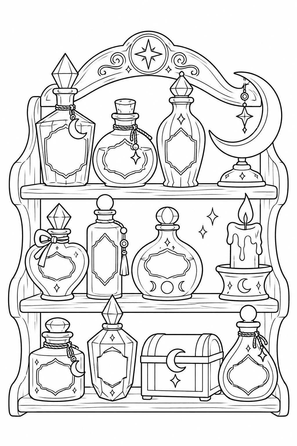 Frascos de formas diferentes reposan en una balda, acompañados de una luna y una vela. Dibujo en blanco y negro para colorear.