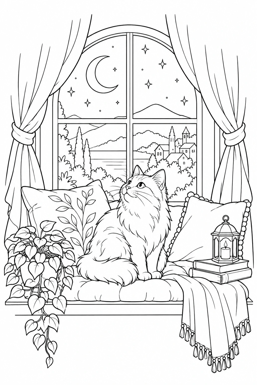 Un gato descansa junto a una ventana con una luna al otro lado. Dibujo en blanco y negro para colorear.