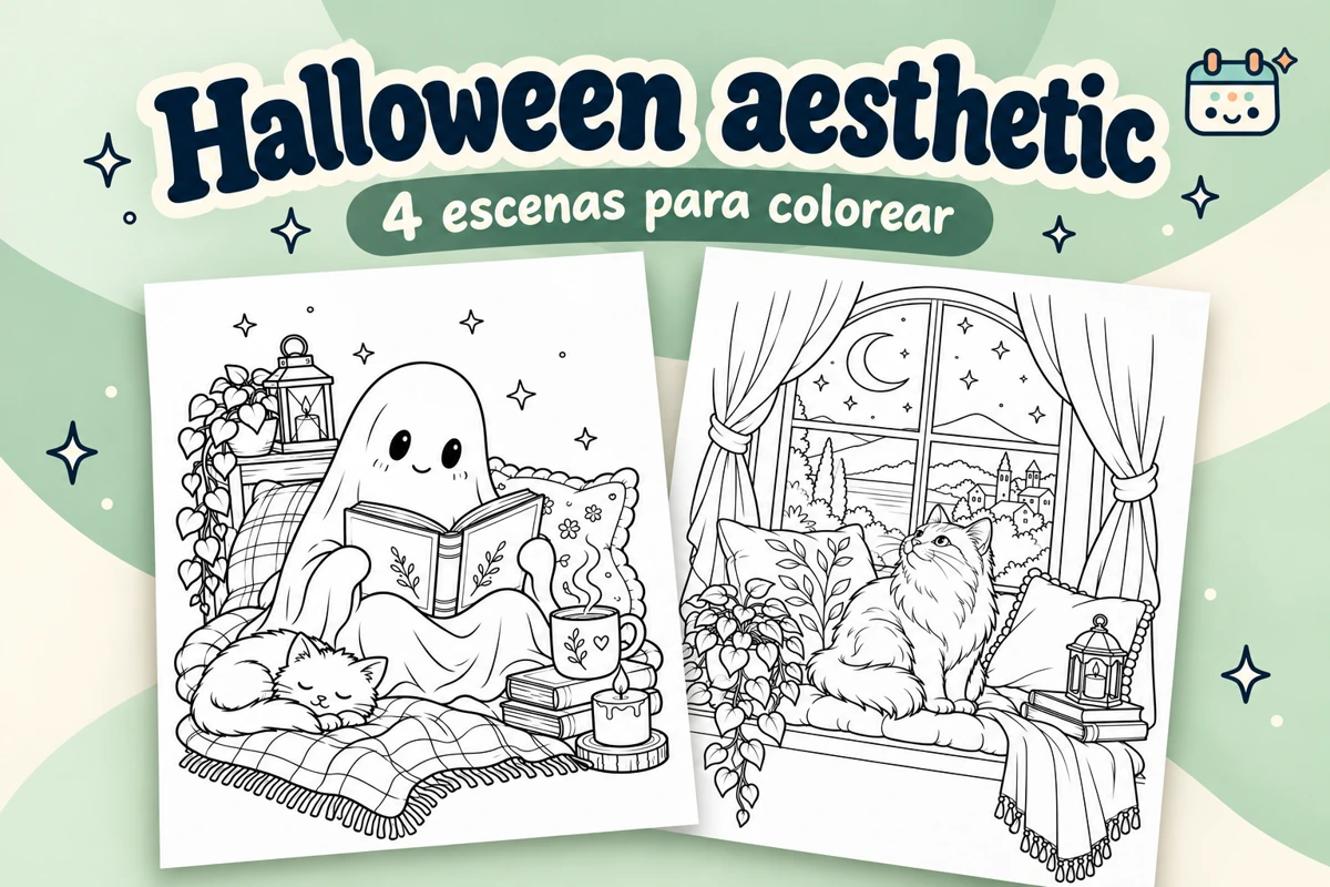 Halloween aesthetic para colorear: escenas acogedoras: composición con muestras de las fichas imprimibles y el logotipo de Calendar Gratis.