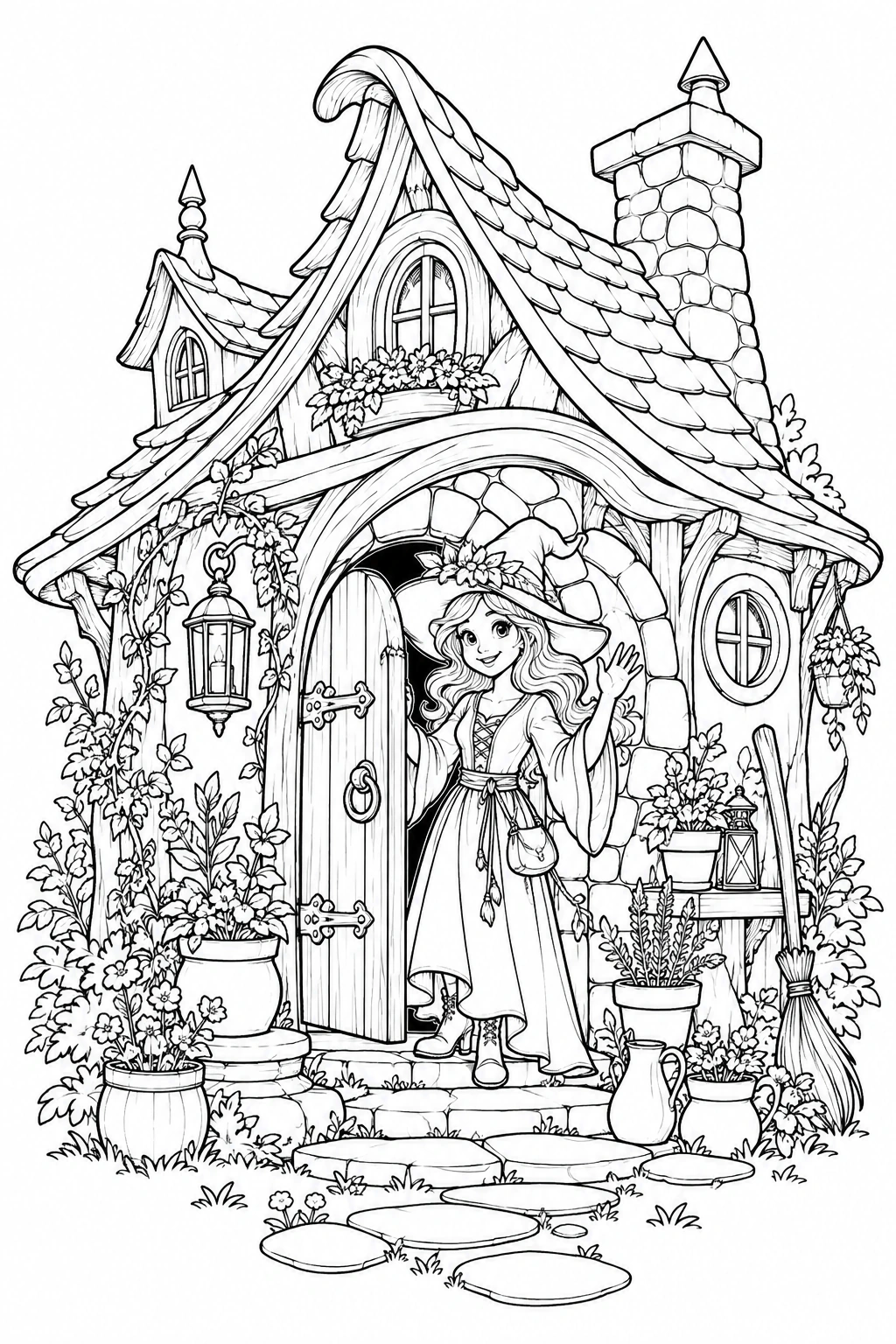 Una pequeña casa con tejado inclinado, puerta redonda y macetas se convierte en el escenario. Dibujo en blanco y negro para colorear.