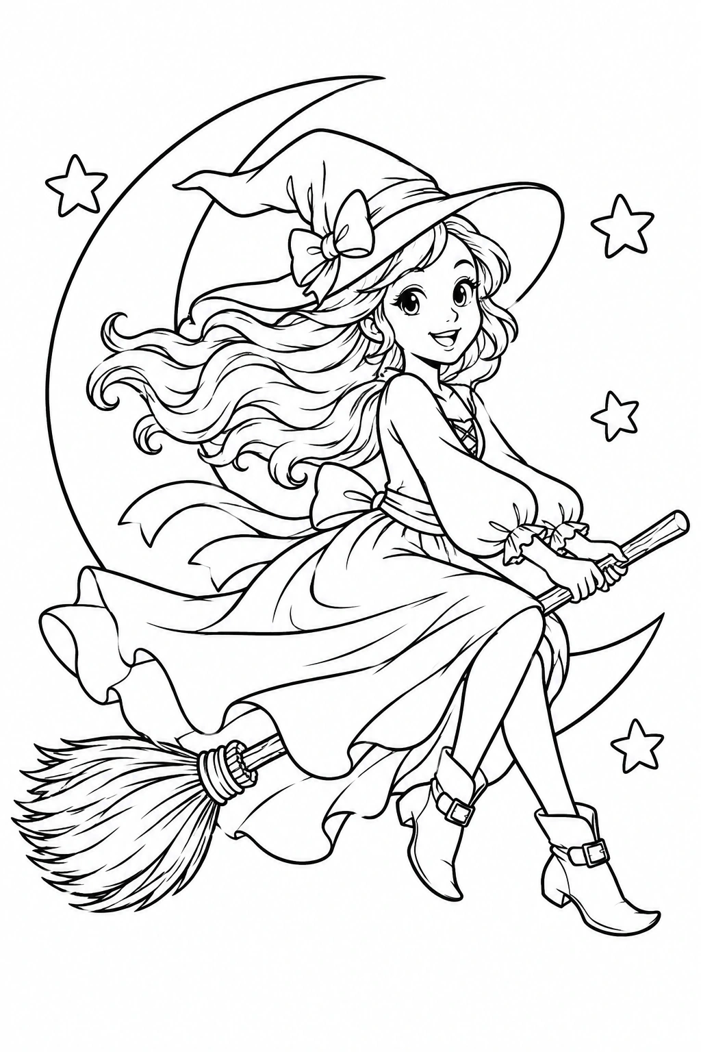 Una bruja de expresión alegre vuela en su escoba frente a una luna. Dibujo en blanco y negro para colorear.