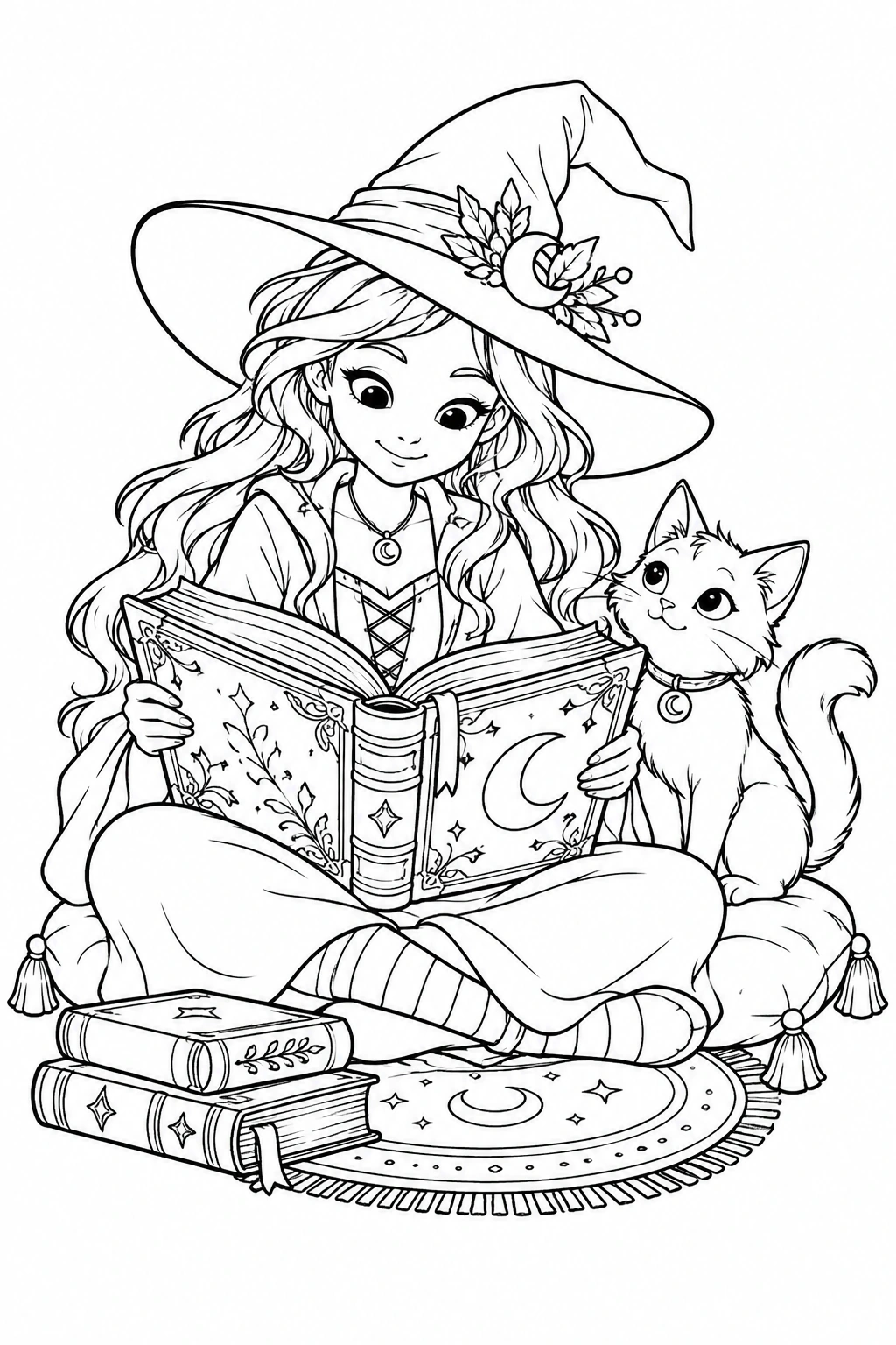 Sentada con un libro abierto, la bruja comparte la escena con un gato que observa las páginas. Dibujo en blanco y negro para colorear.