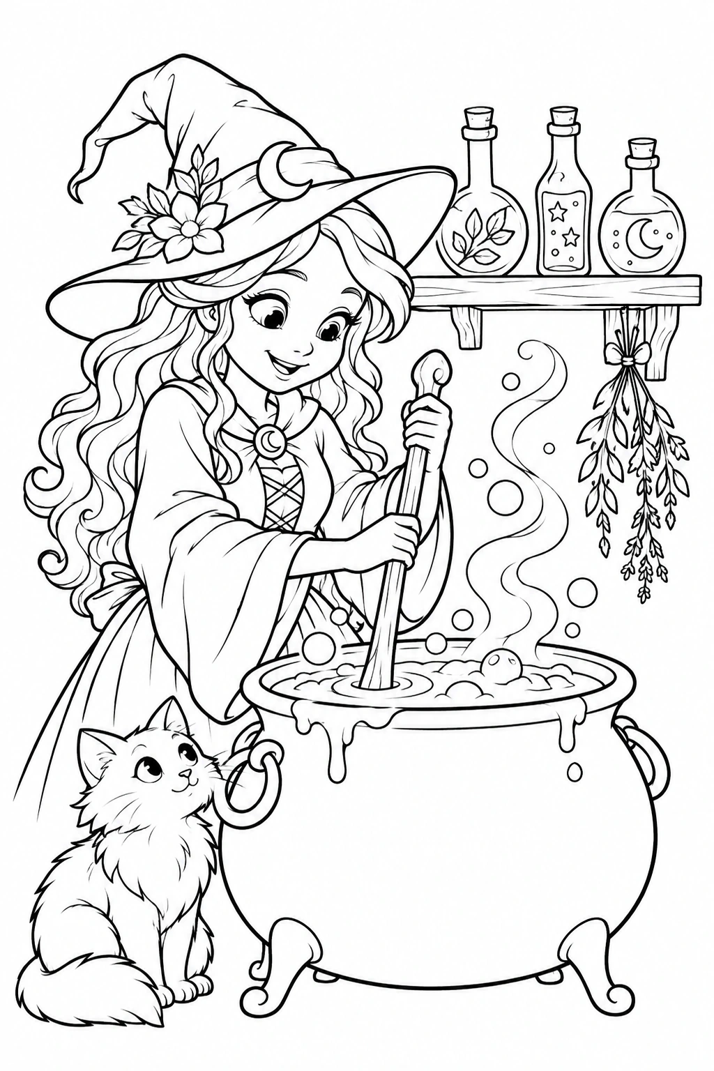 La bruja mezcla una poción mientras las burbujas suben. Dibujo en blanco y negro para colorear.