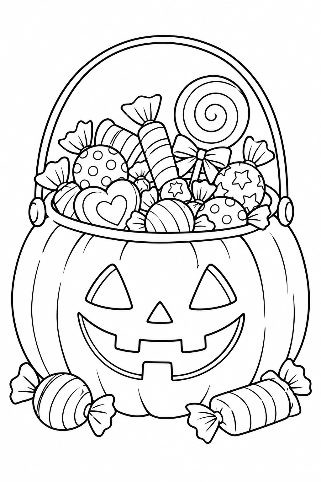 Una cesta con forma de calabaza y caramelos que sobresalen por la parte superior. Dibujo en blanco y negro para colorear.