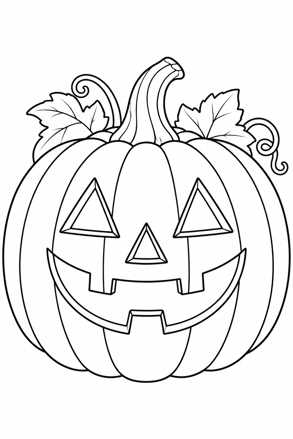 Una calabaza de Halloween con ojos geométricos y una sonrisa amplia. Dibujo en blanco y negro para colorear.
