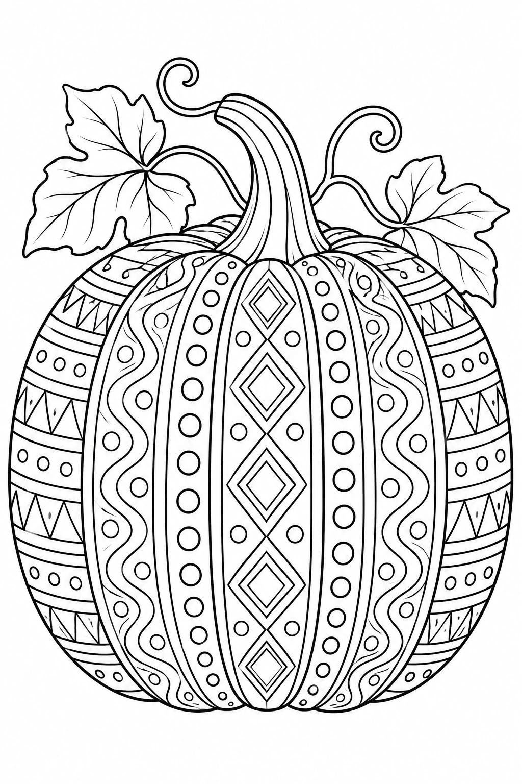 Los gajos están divididos en bandas de puntos, ondas y formas geométricas. Dibujo en blanco y negro para colorear.
