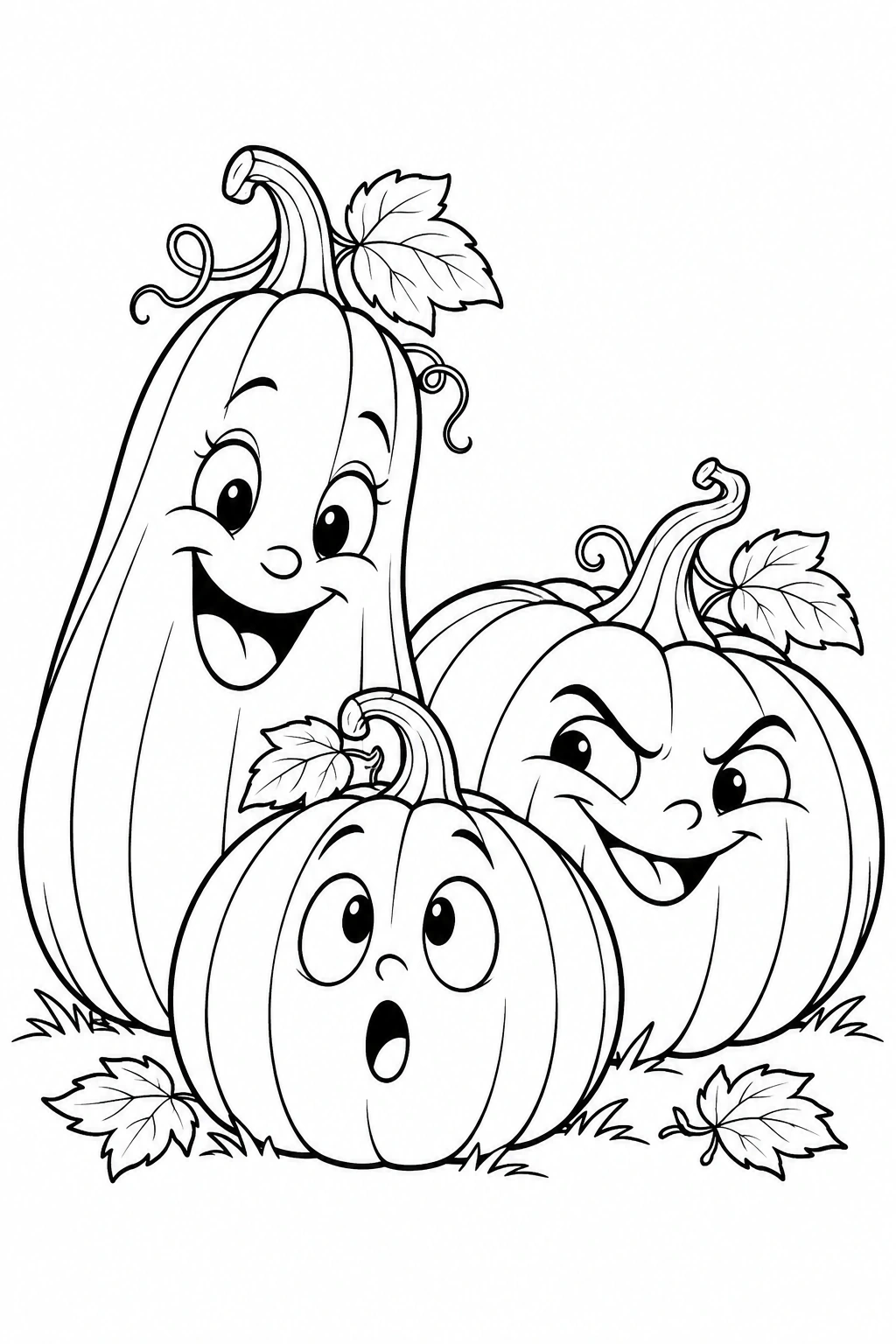 Tres calabazas de tamaños diferentes comparten la hoja: una sonríe, otra parece sorprendida y la tercera tiene una expresión traviesa. Dibujo en blanco y negro para colorear.