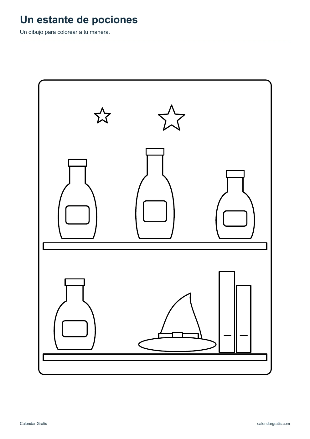 Un estante de pociones: dibujo de Halloween en blanco y negro para colorear.