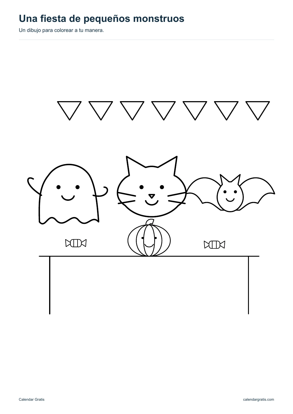 Una fiesta de pequeños monstruos: dibujo de Halloween en blanco y negro para colorear.