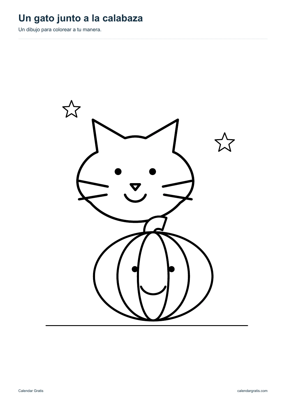 Un gato junto a la calabaza: dibujo de Halloween en blanco y negro para colorear.