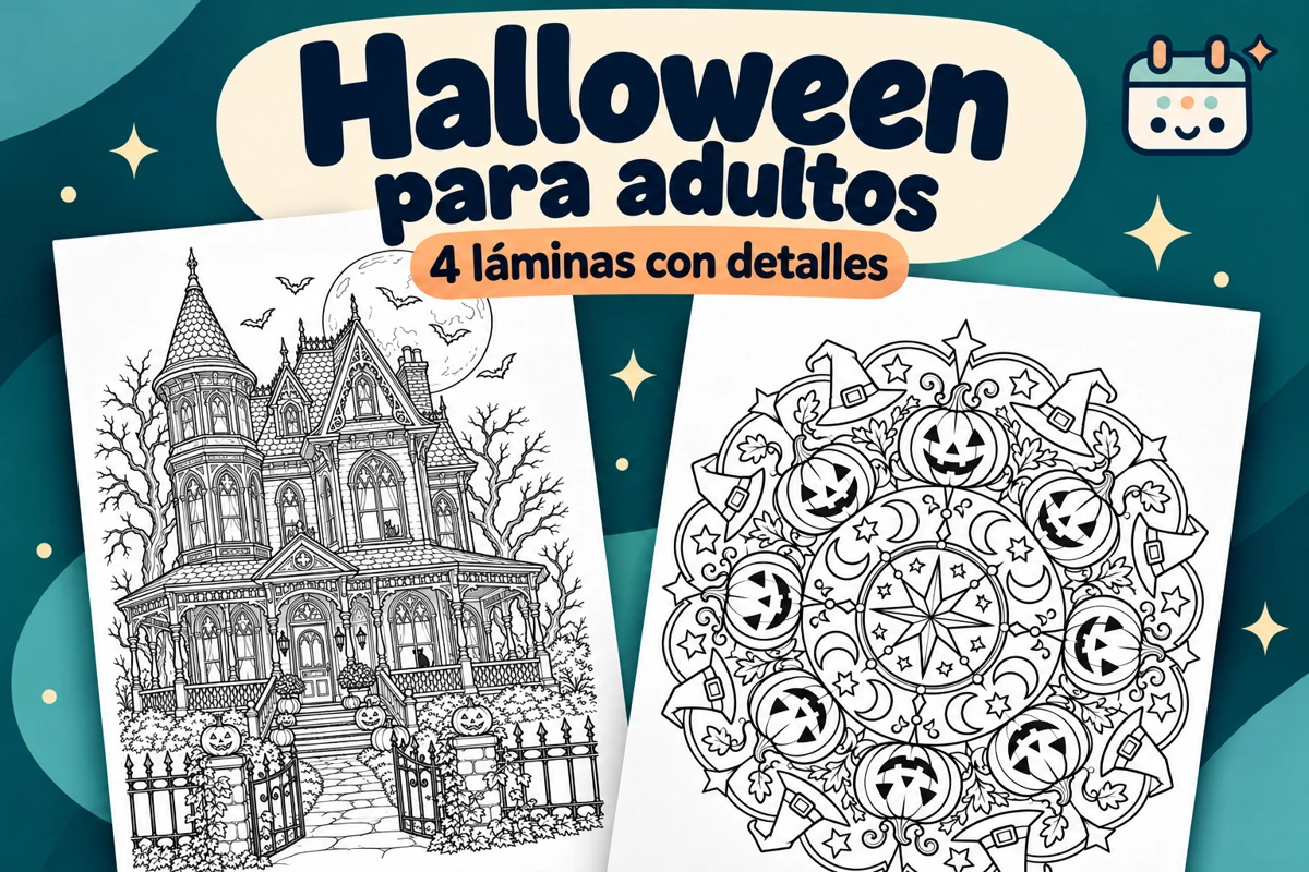 Halloween para colorear para adultos: dibujos detallados: composición con muestras de las fichas imprimibles y el logotipo de Calendar Gratis.