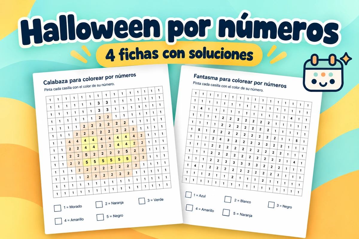 Halloween para colorear por números: cuatro fichas: composición con muestras de las fichas imprimibles y el logotipo de Calendar Gratis.