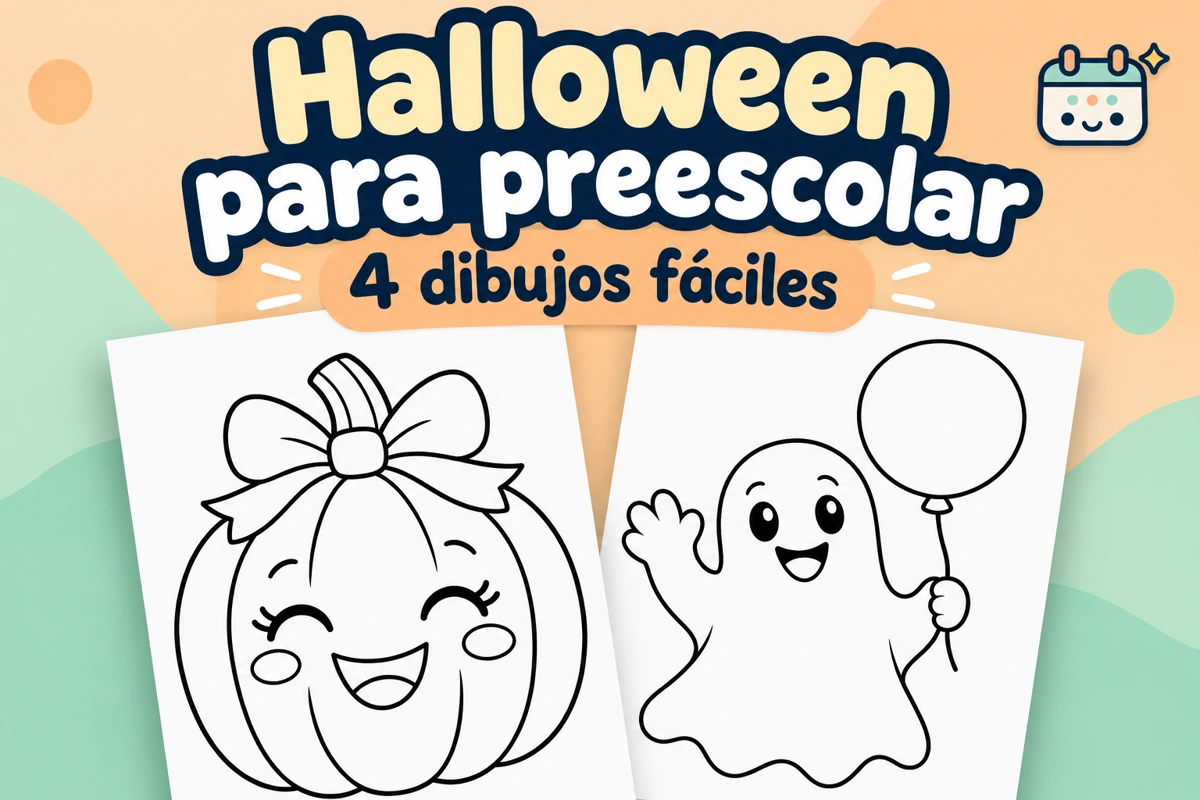 Halloween para colorear en preescolar: dibujos fáciles: composición con muestras de las fichas imprimibles y el logotipo de Calendar Gratis.