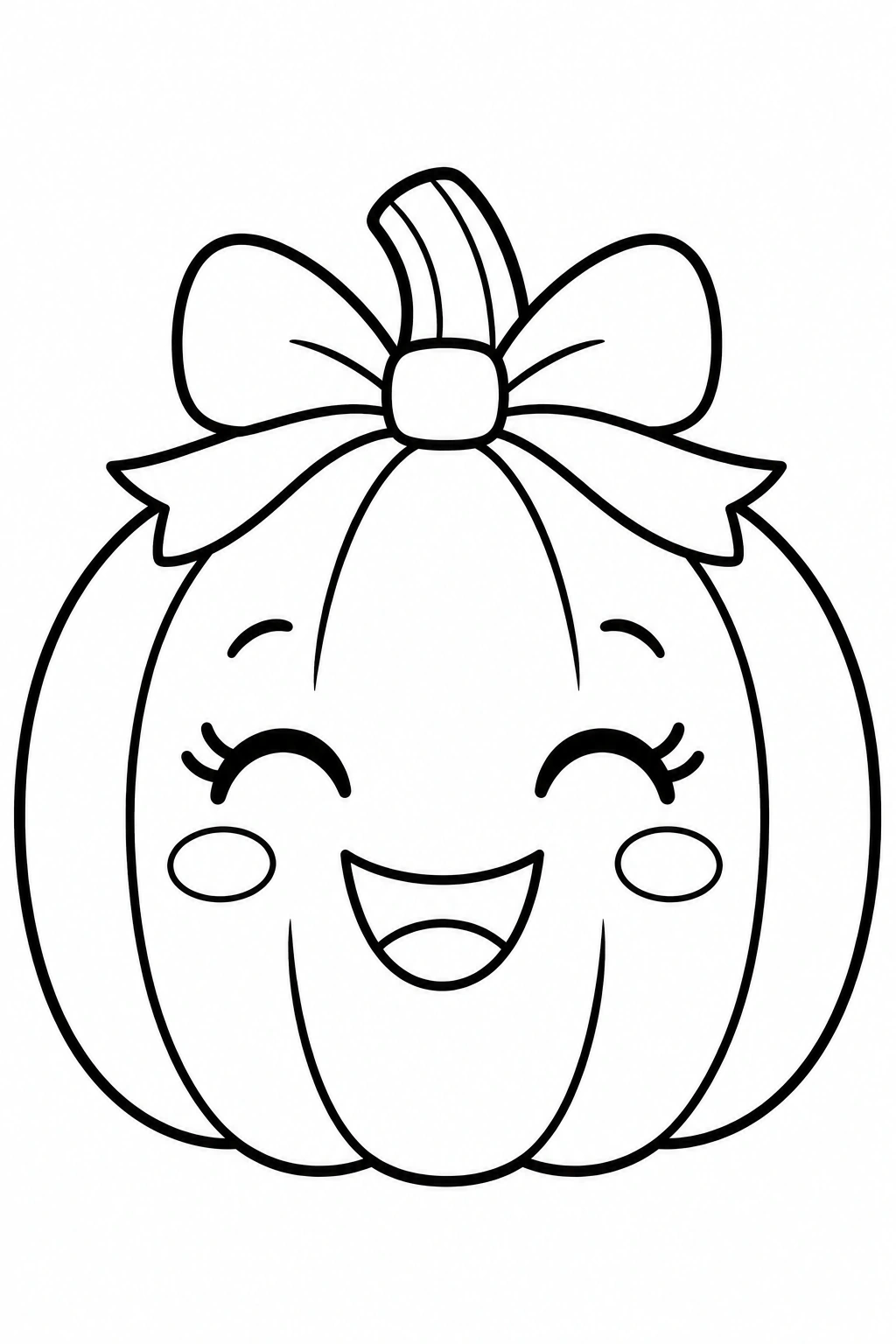 Una calabaza redondeada con un lazo grande sobre el tallo. Dibujo en blanco y negro para colorear.