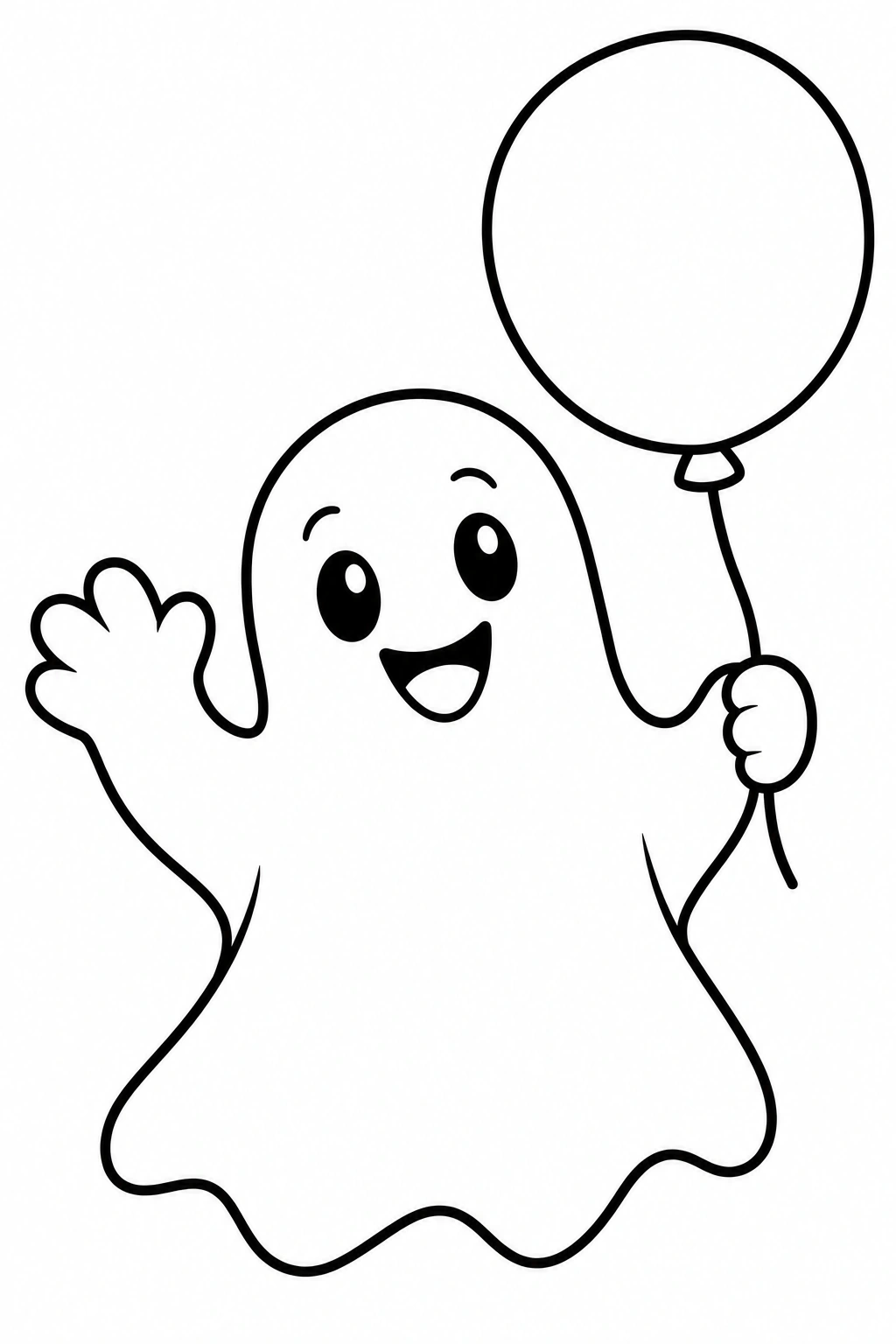 Un fantasma que sostiene un globo redondo. Dibujo en blanco y negro para colorear.