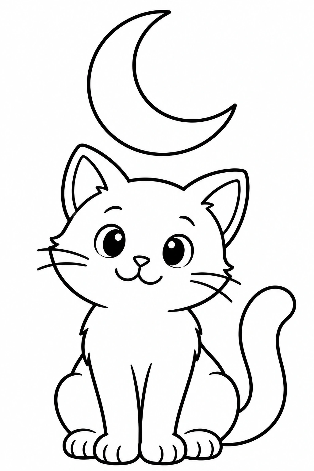 Un gato sentado junto a una luna creciente. Dibujo en blanco y negro para colorear.