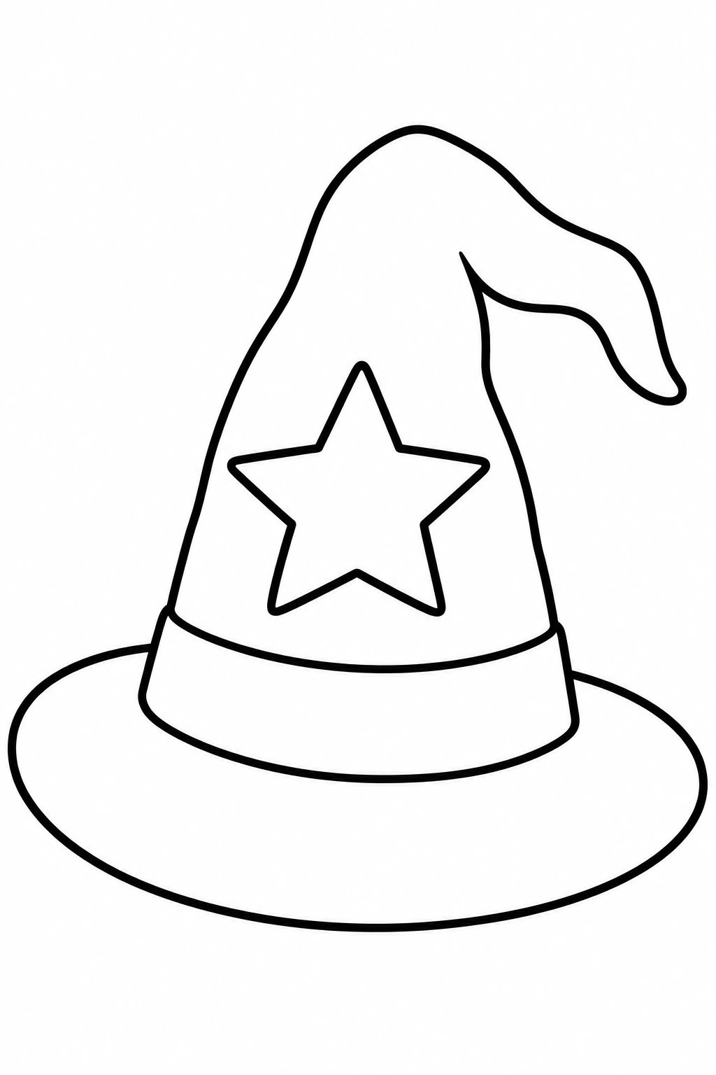 Un sombrero de bruja ancho con una estrella grande en la copa. Dibujo en blanco y negro para colorear.