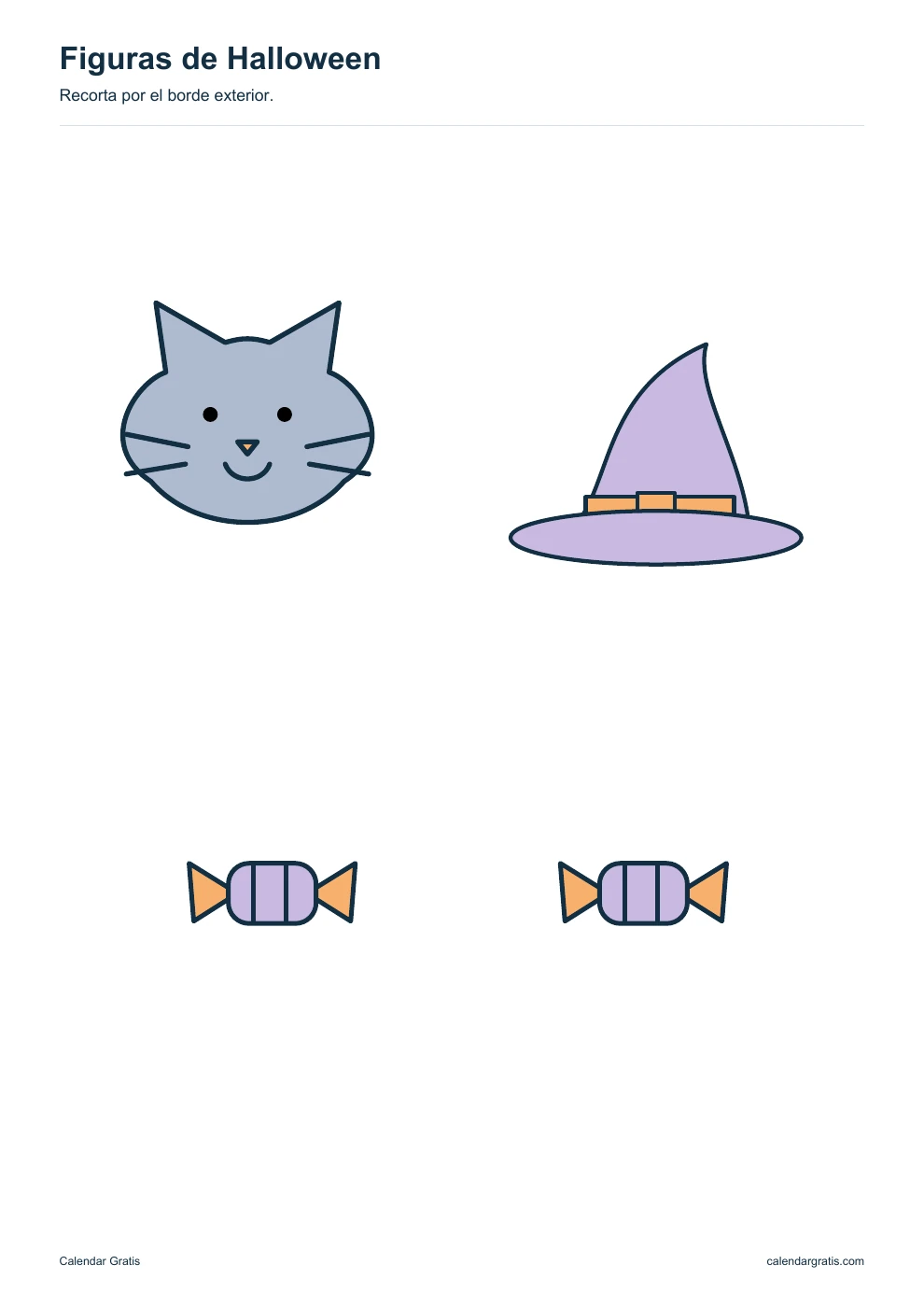 Gato, sombrero y caramelos: plantilla de Halloween para imprimir.