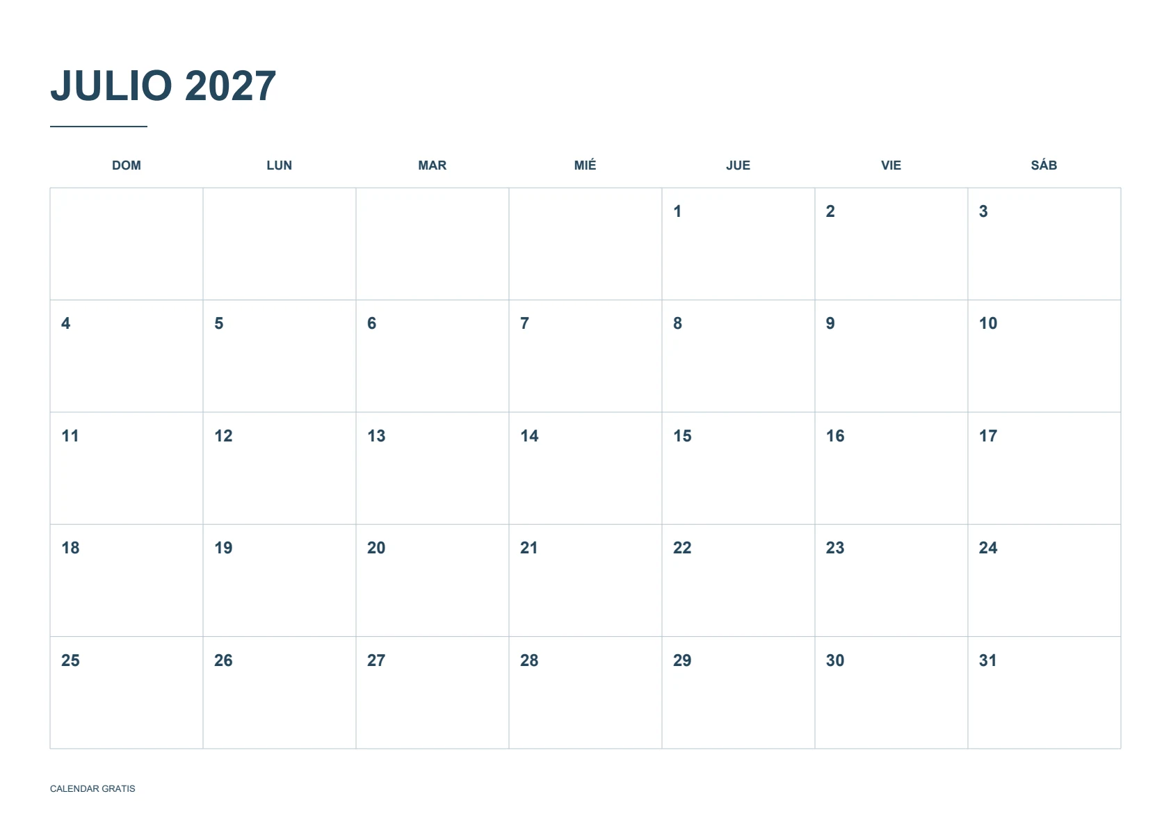 Calendario de julio de 2027, cuadrícula clásica, azul marino, A4 horizontal, inicio en domingo.